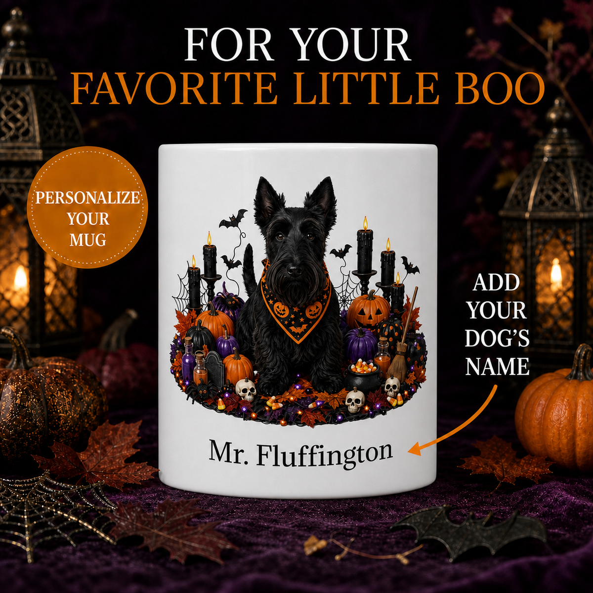 Personalized Scottish Terrier Halloween Mug – Custom Dog Name Gift – front view with no handle