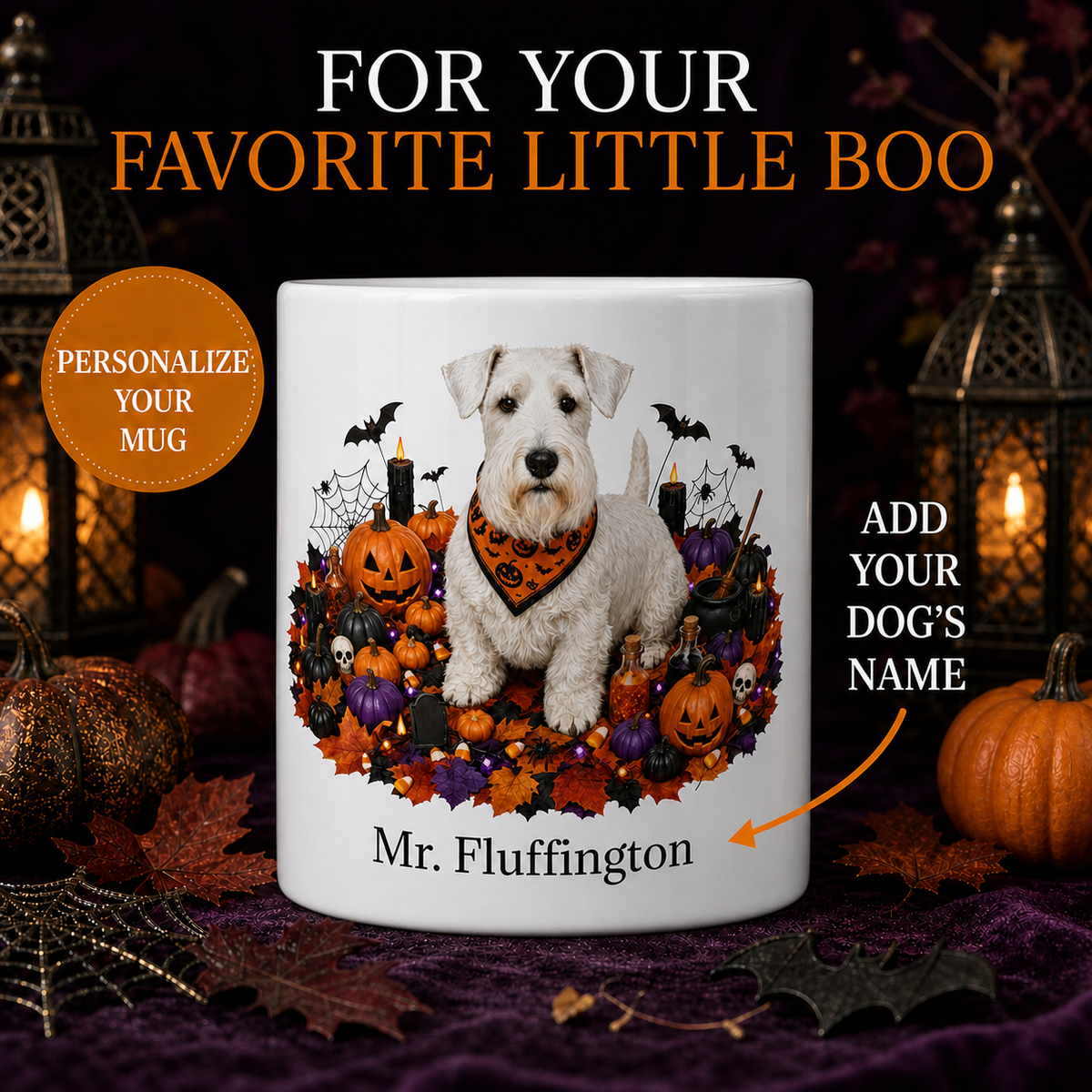 Personalized Sealyham Terrier Halloween Mug – Custom Dog Name Gift – front view with no handle