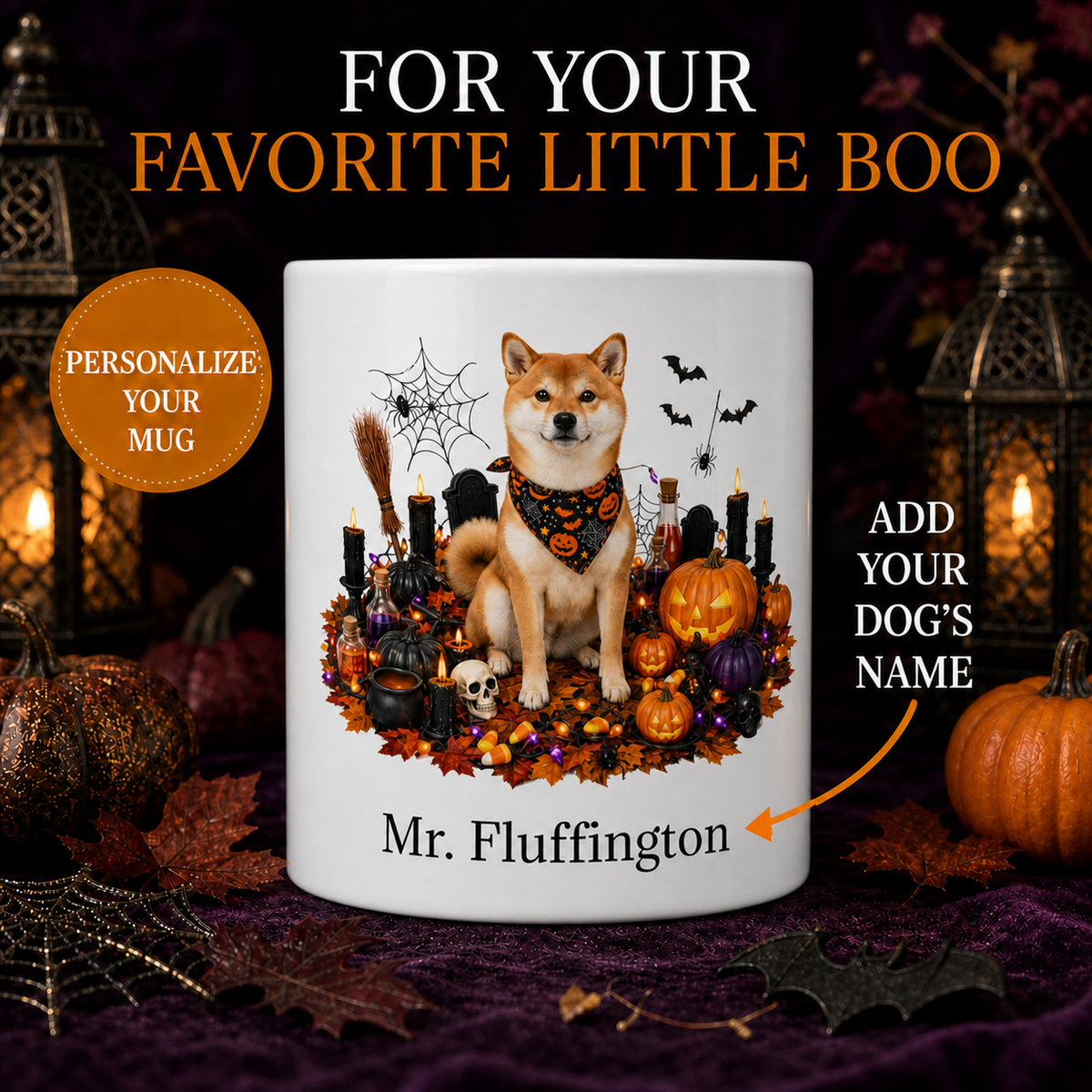 Personalized Shiba Inu Halloween Mug – Custom Dog Name Gift – front view with no handle