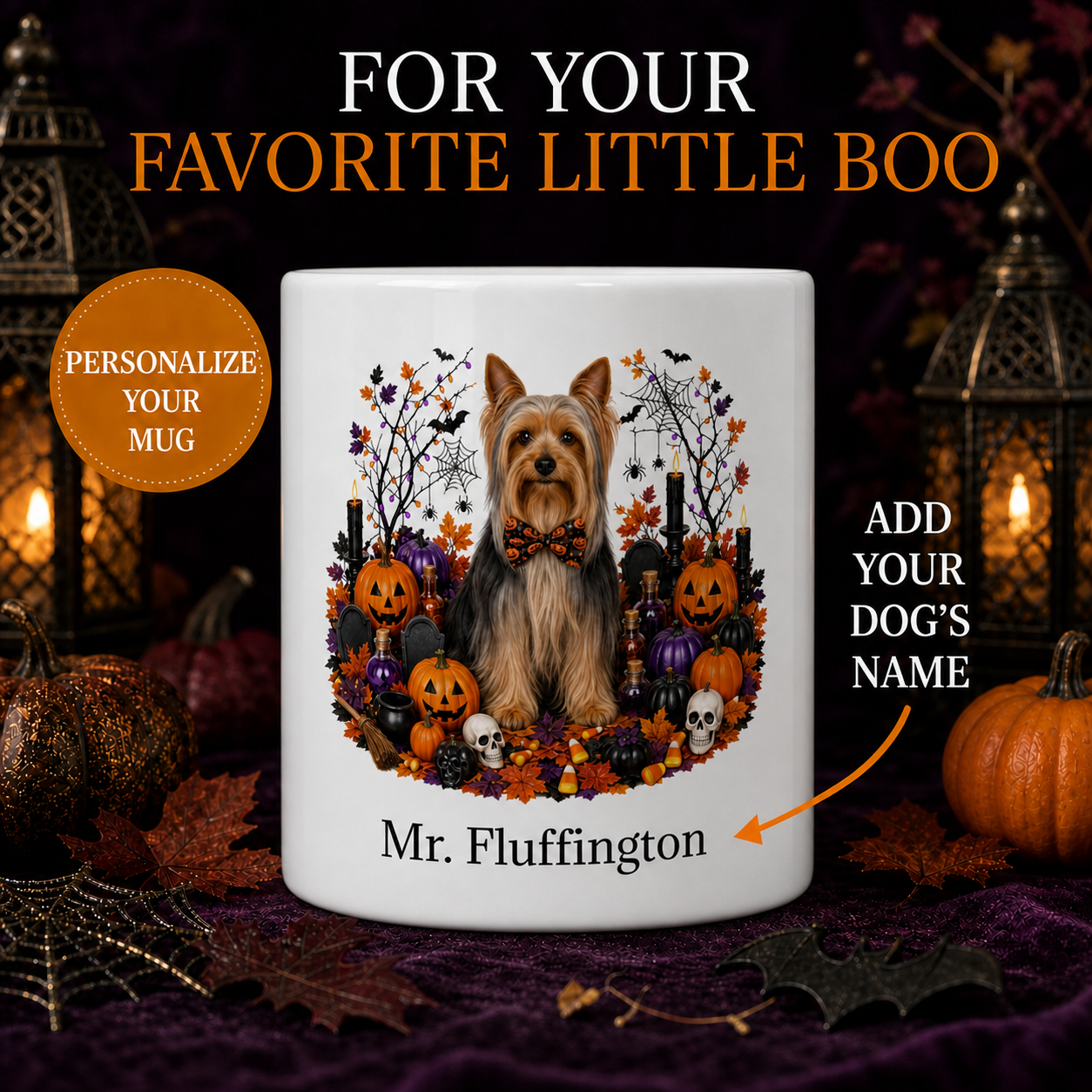 Personalized Silky Terrier Halloween Mug – Custom Dog Name Gift – front view with no handle