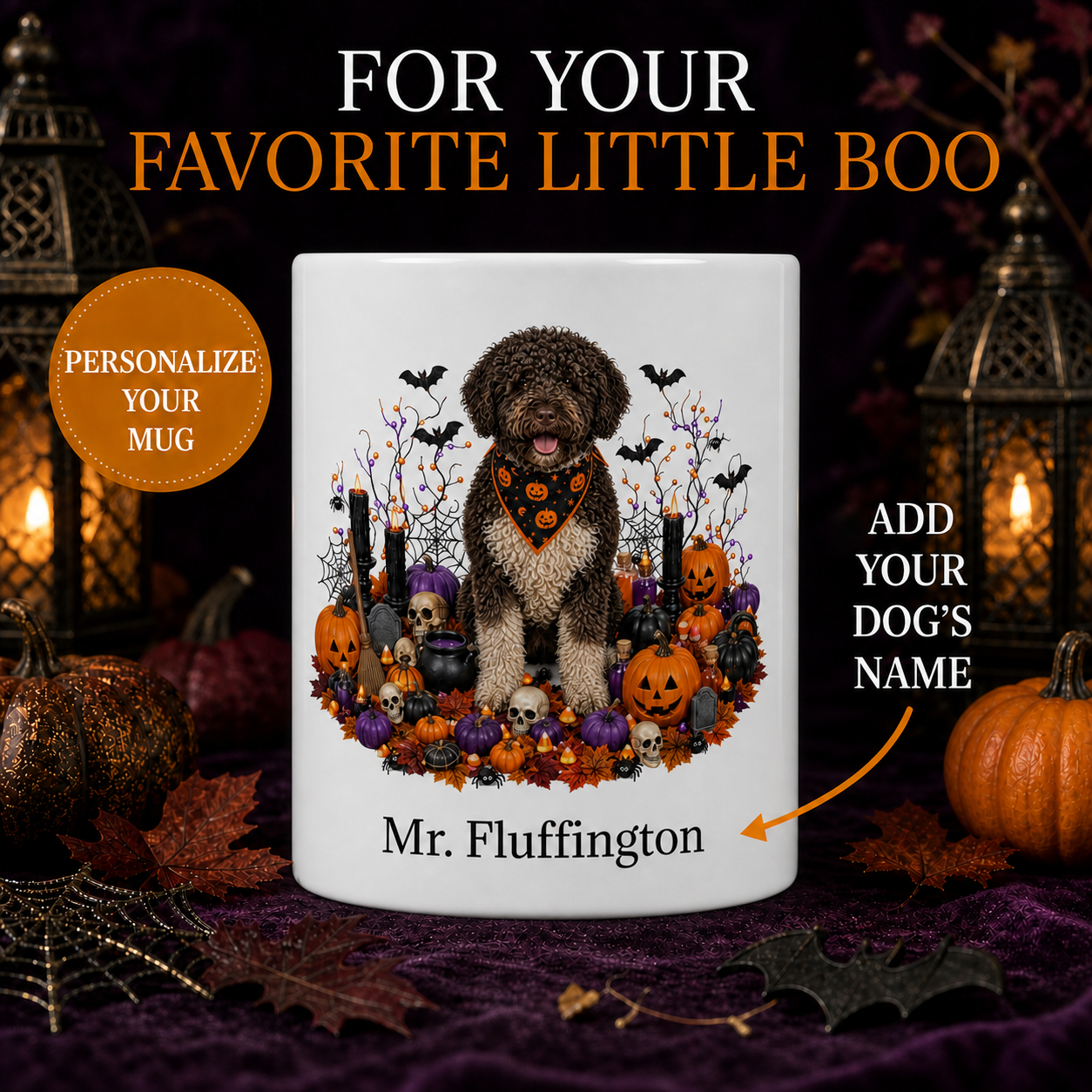 Personalized Spanish Water Halloween Mug – Custom Dog Name Gift – front view with no handle