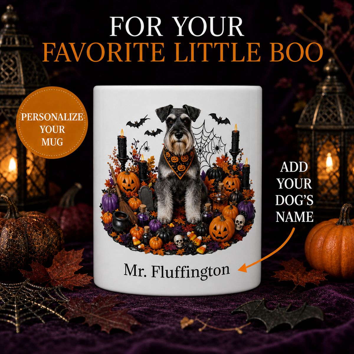 Personalized Standard Schnauzer Halloween Mug – Custom Dog Name Gift – front view with no handle