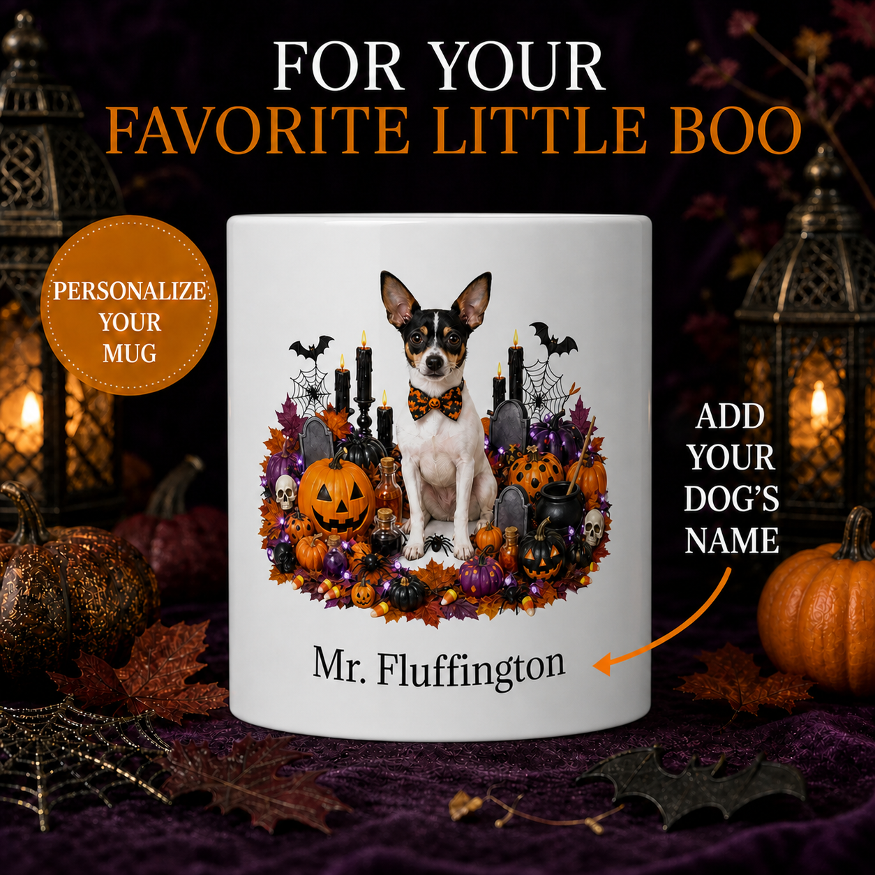 Personalized Toy Fox Terrier Halloween Mug – Custom Dog Name Gift – front view with no handle