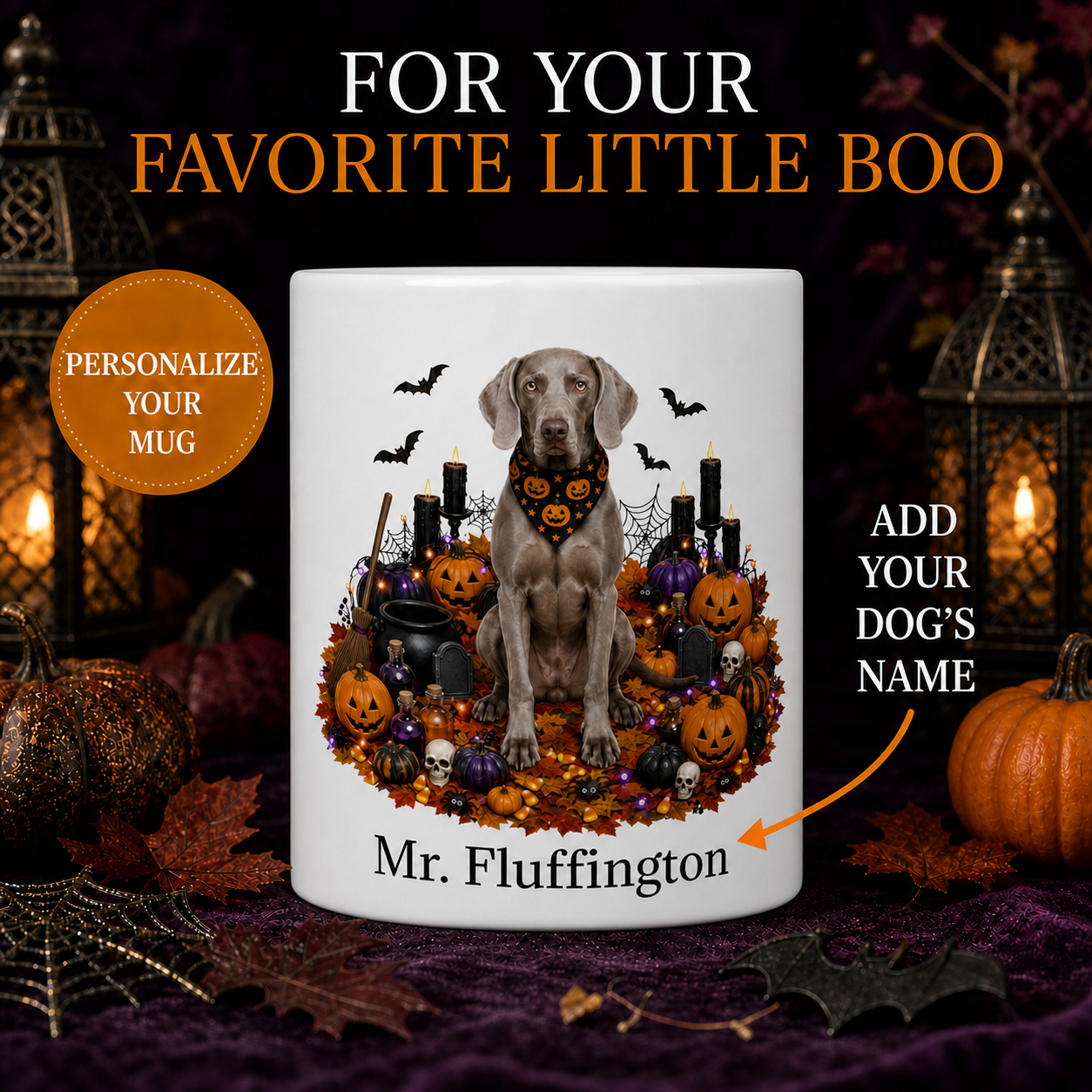Personalized Weimaraner Halloween Mug – Custom Dog Name Gift – front view with no handle