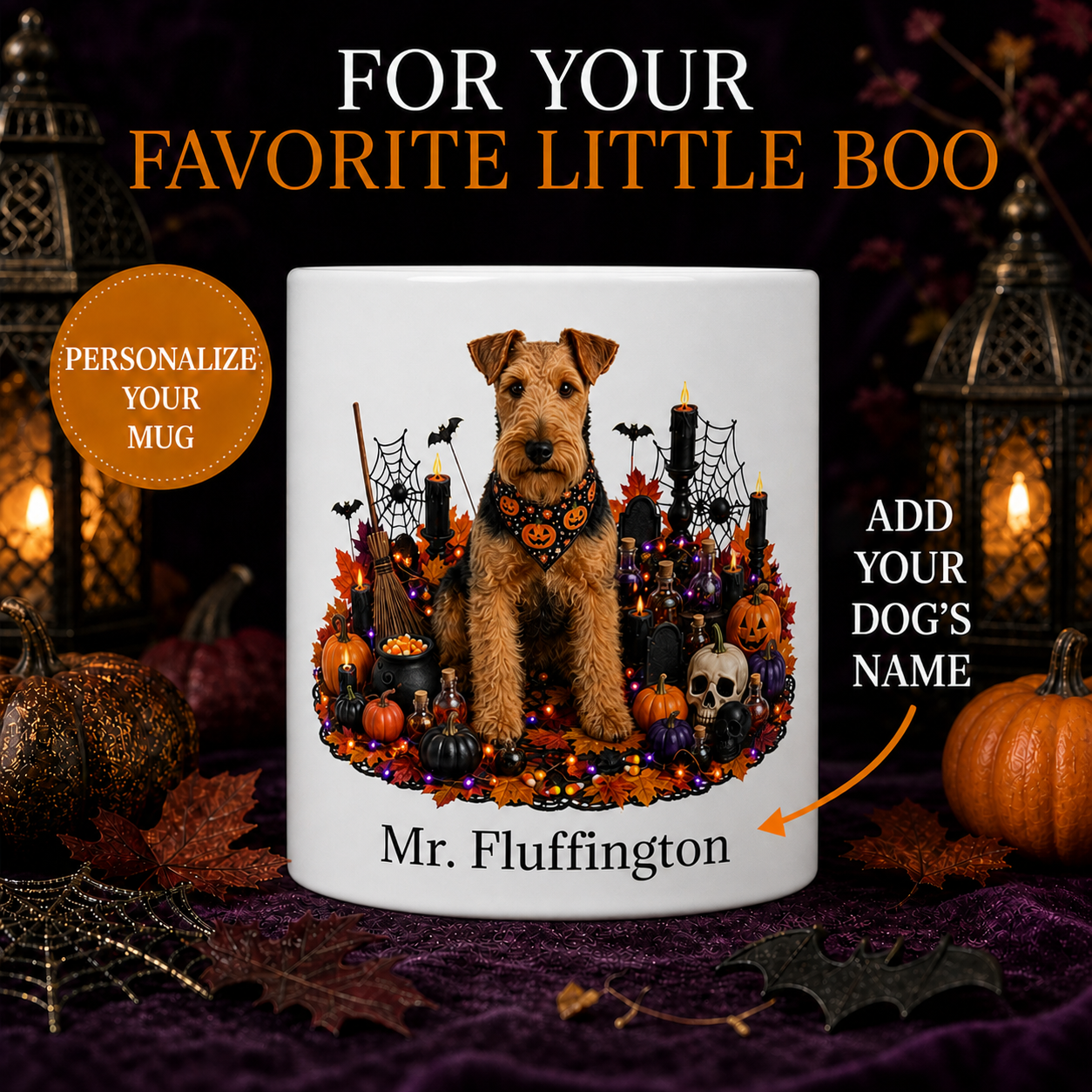 Personalized Welsh Terrier Halloween Mug – Custom Dog Name Gift – front view with no handle