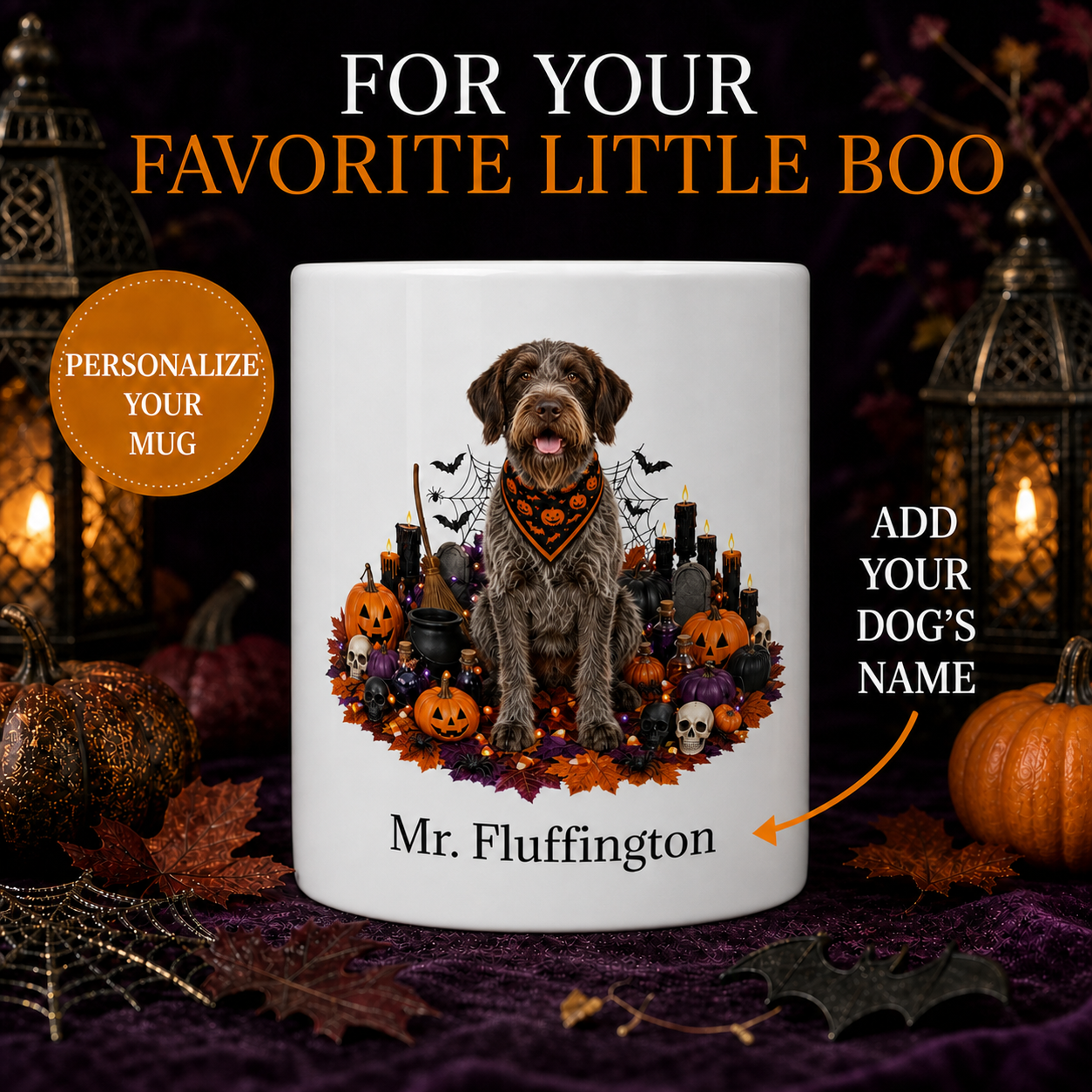 Personalized Wirehaired Pointing Griffon Halloween Mug β front view with no handle