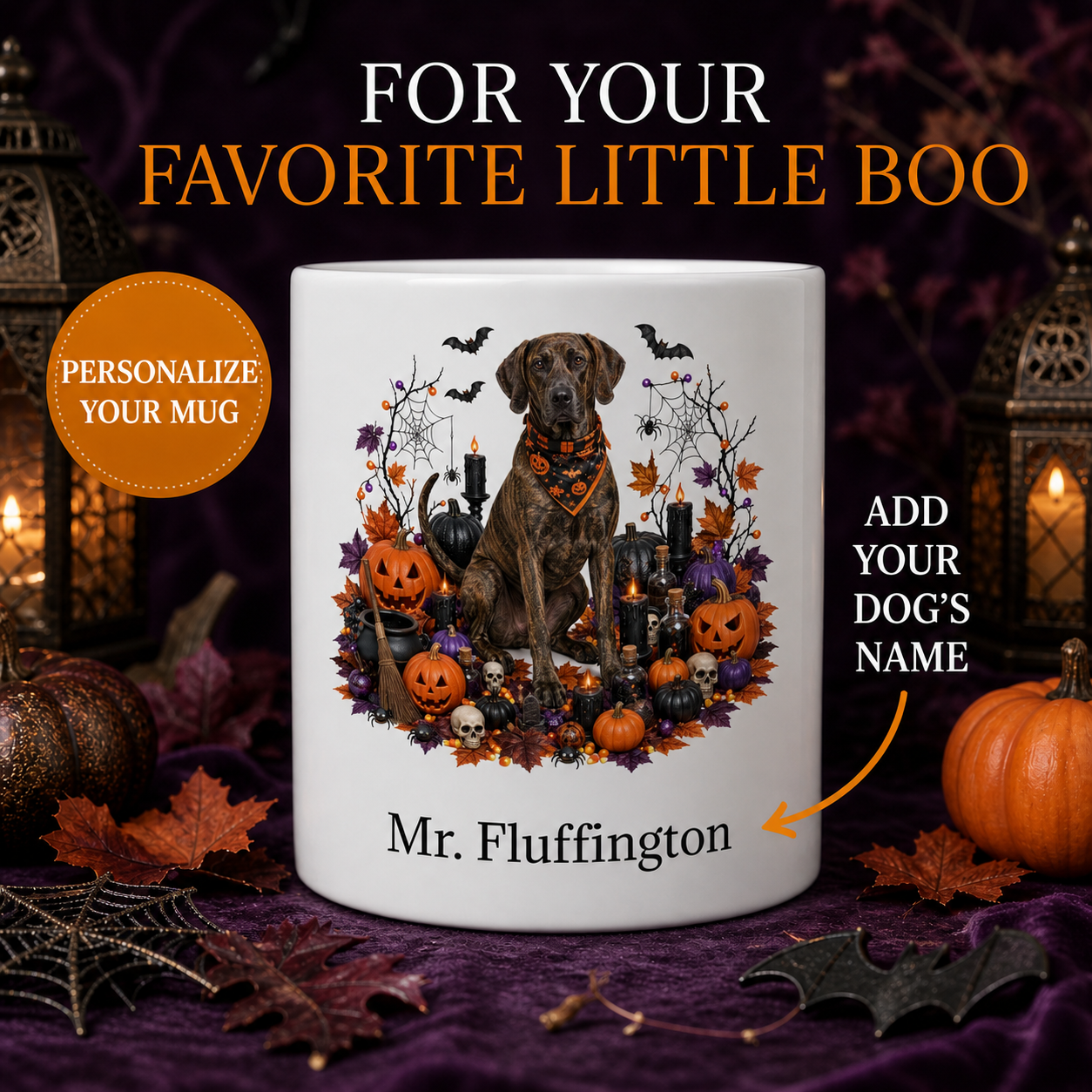 White Plott Hound dog Halloween mug with custom pet name and spooky fall artwork — image 1