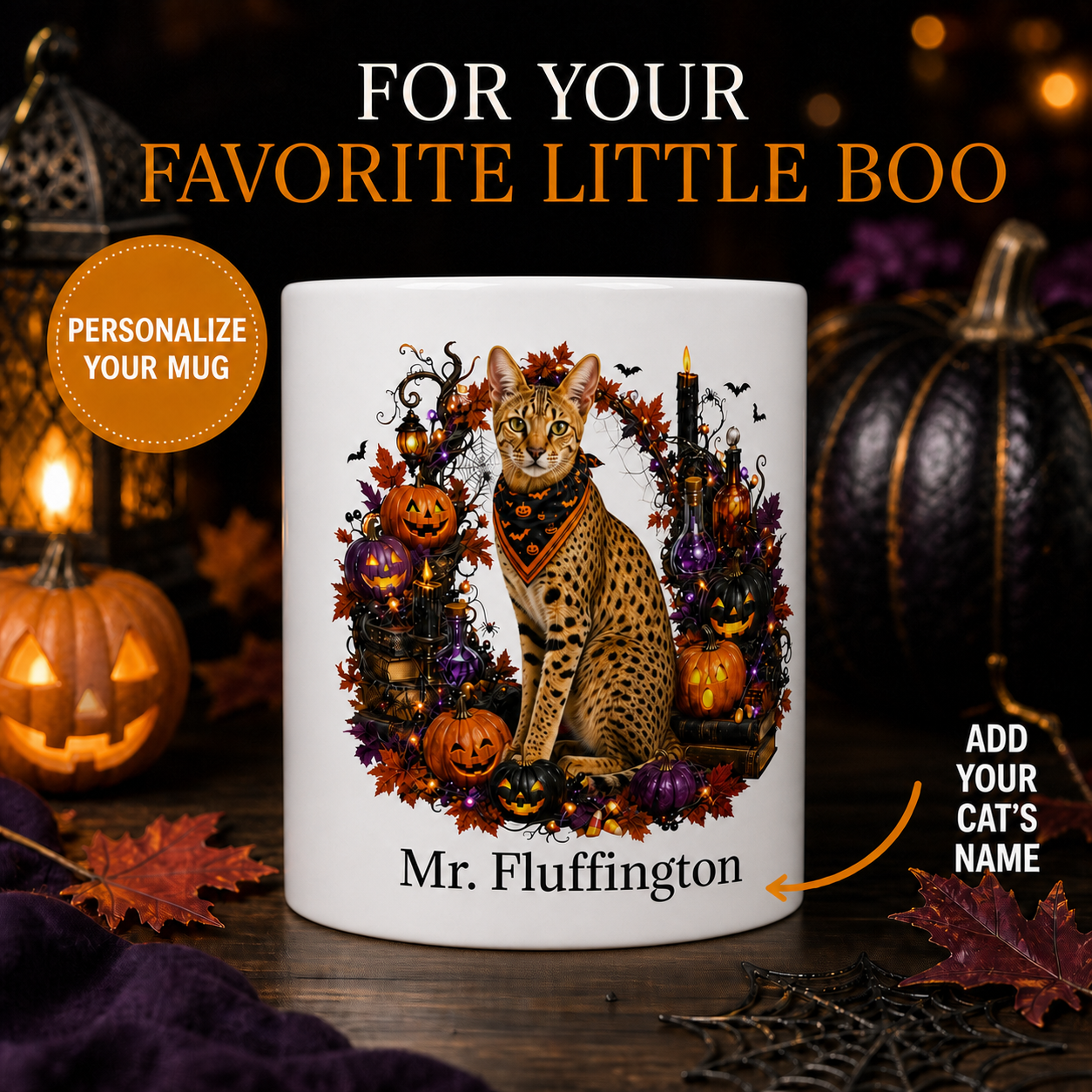 Personalized Savannah cat Halloween mug front view with custom name and no visible handle
