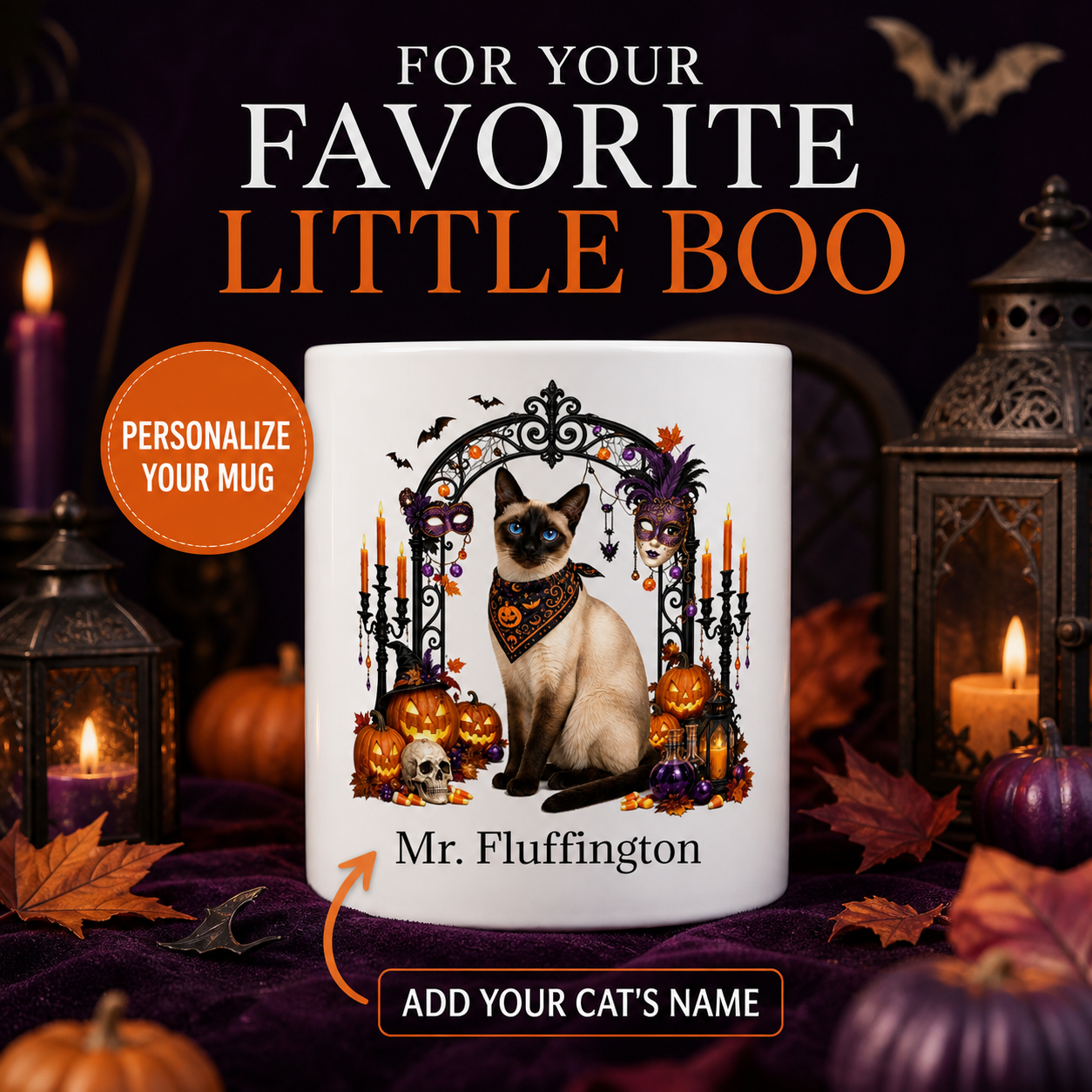 White Siamese cat Halloween mug with custom pet name and spooky fall artwork — image 1
