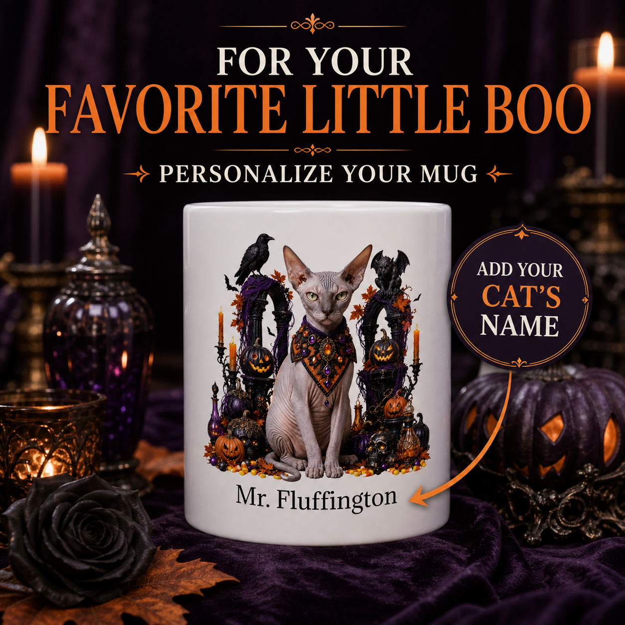 White Sphynx cat Halloween mug with custom pet name and spooky fall artwork — image 1