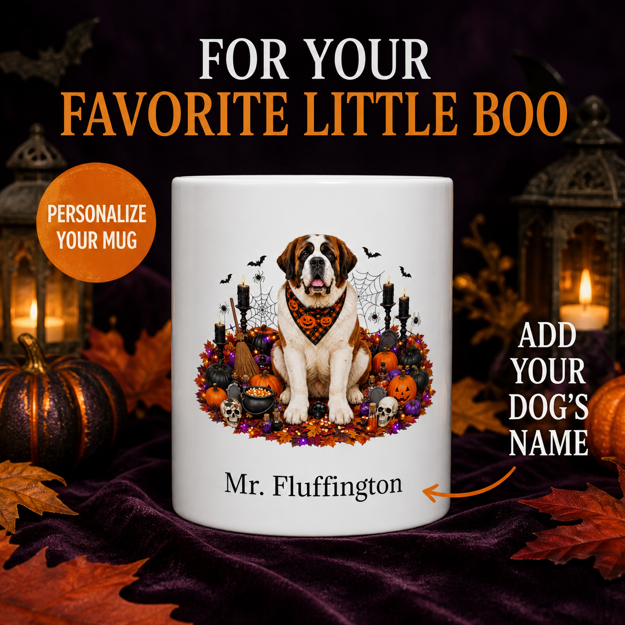 White St. Bernard dog Halloween mug with custom pet name and spooky fall artwork — image 1
