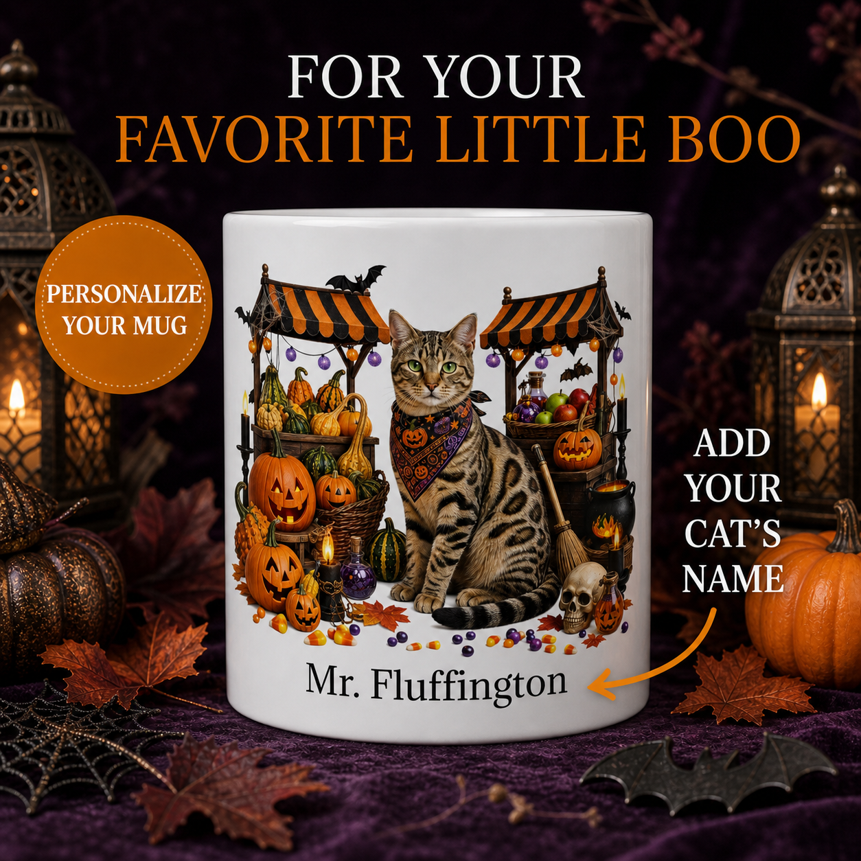 White Tabby cat Halloween mug with custom pet name and spooky fall artwork — image 1
