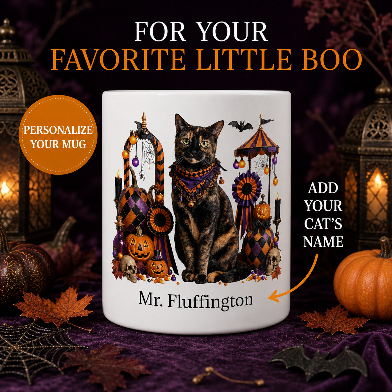 White Tortoiseshell cat Halloween mug with custom pet name and spooky fall artwork — image 1