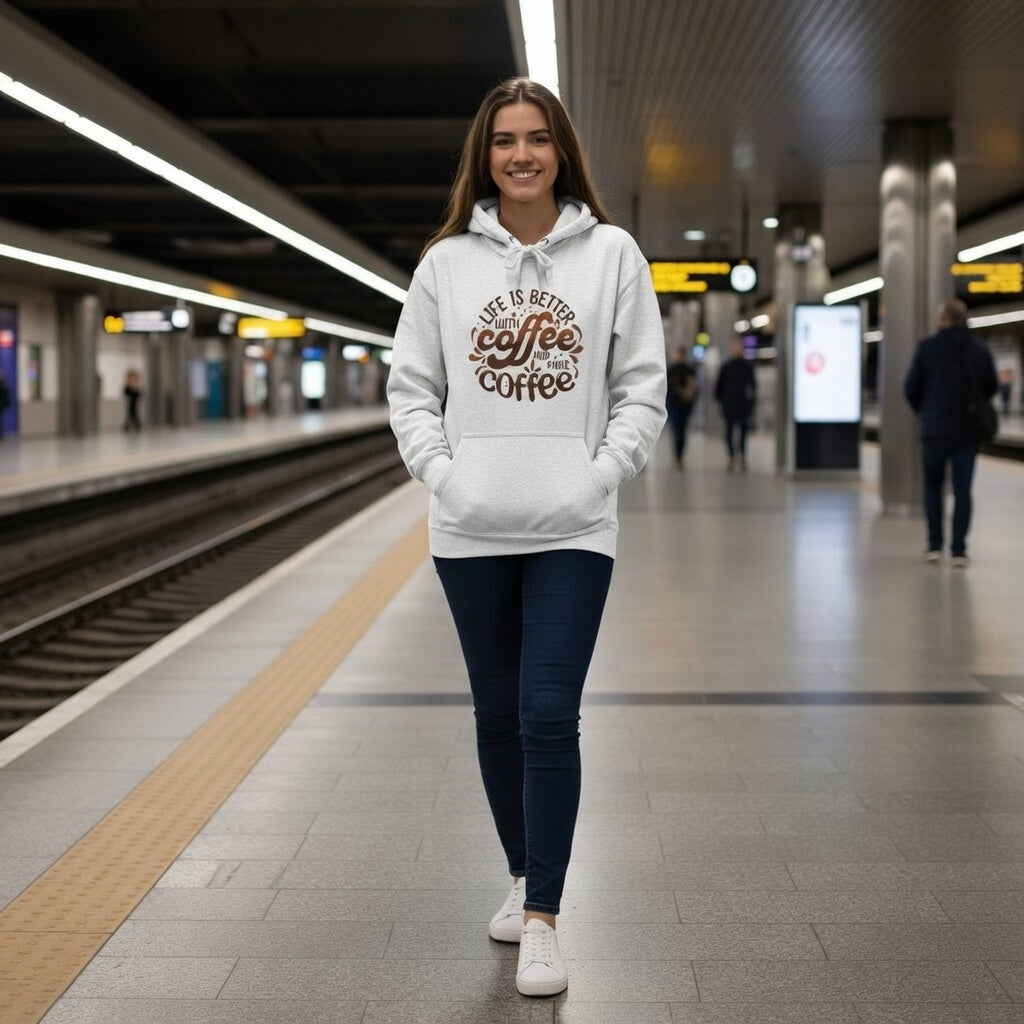 Cozy Brevity Brew hoodie with coffee-themed design