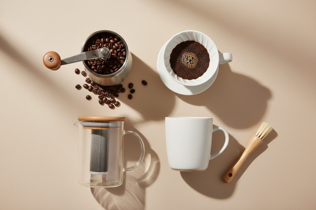 Flat lay of coffee brewing essentials including grinder, pour-over dripper, mug, and water filter on neutral background