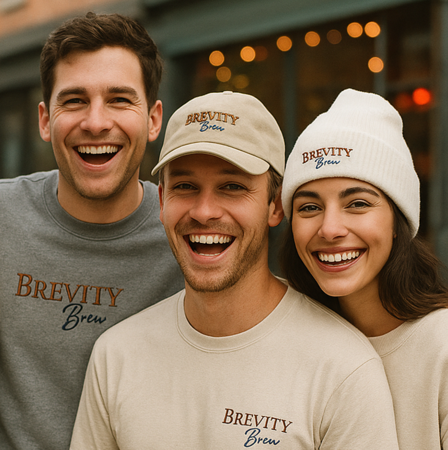 Group of people wearing Brevity Brew coffee-themed apparel and t-shirts