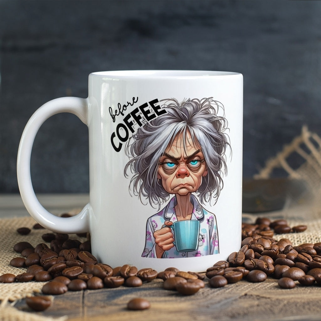 "Grumpy Maine Coon cat glaring at the camera with a steaming coffee mug in front—morning mood personified.