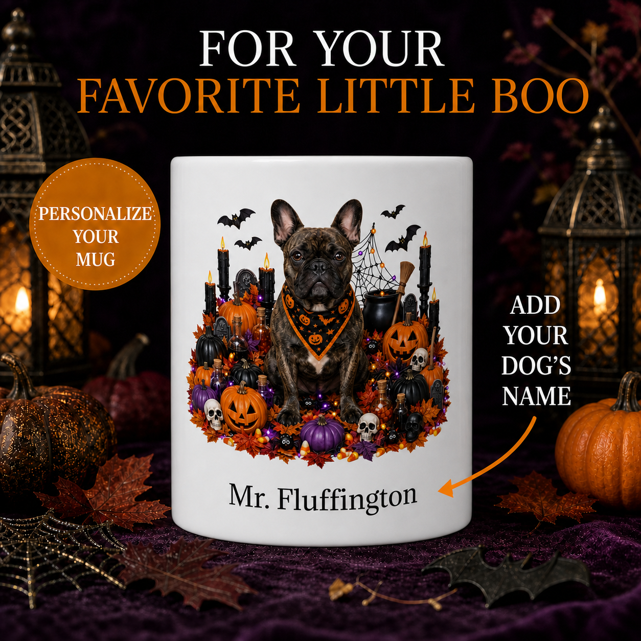 Personalized French Bulldog Halloween Mug – Custom Dog Name Gift – front view with no handle