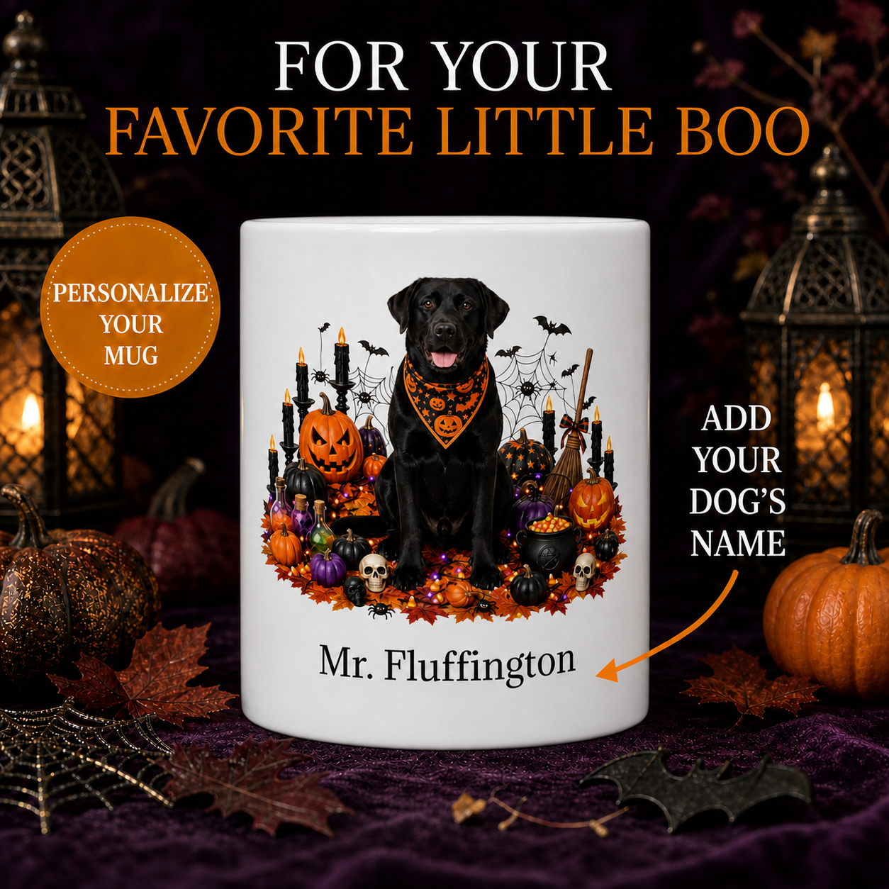 Personalized Labrador Retriever Halloween Mug – Custom Dog Name Gift – front view with no handle