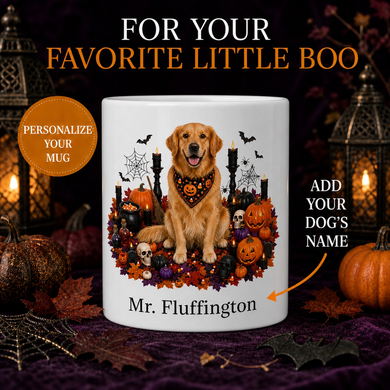 Personalized Golden Retriever Halloween Mug – Custom Dog Name Gift – front view with no handle