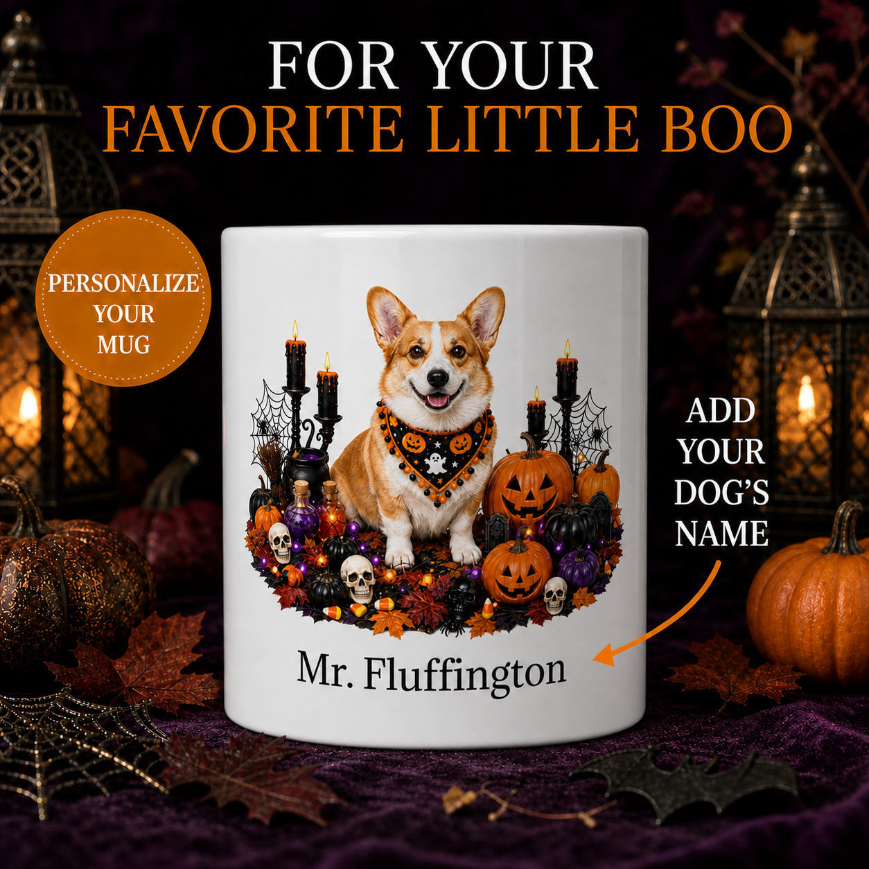 Personalized Pembroke Welsh Corgi Halloween Mug – Custom Dog Name Gift – front view with no handle