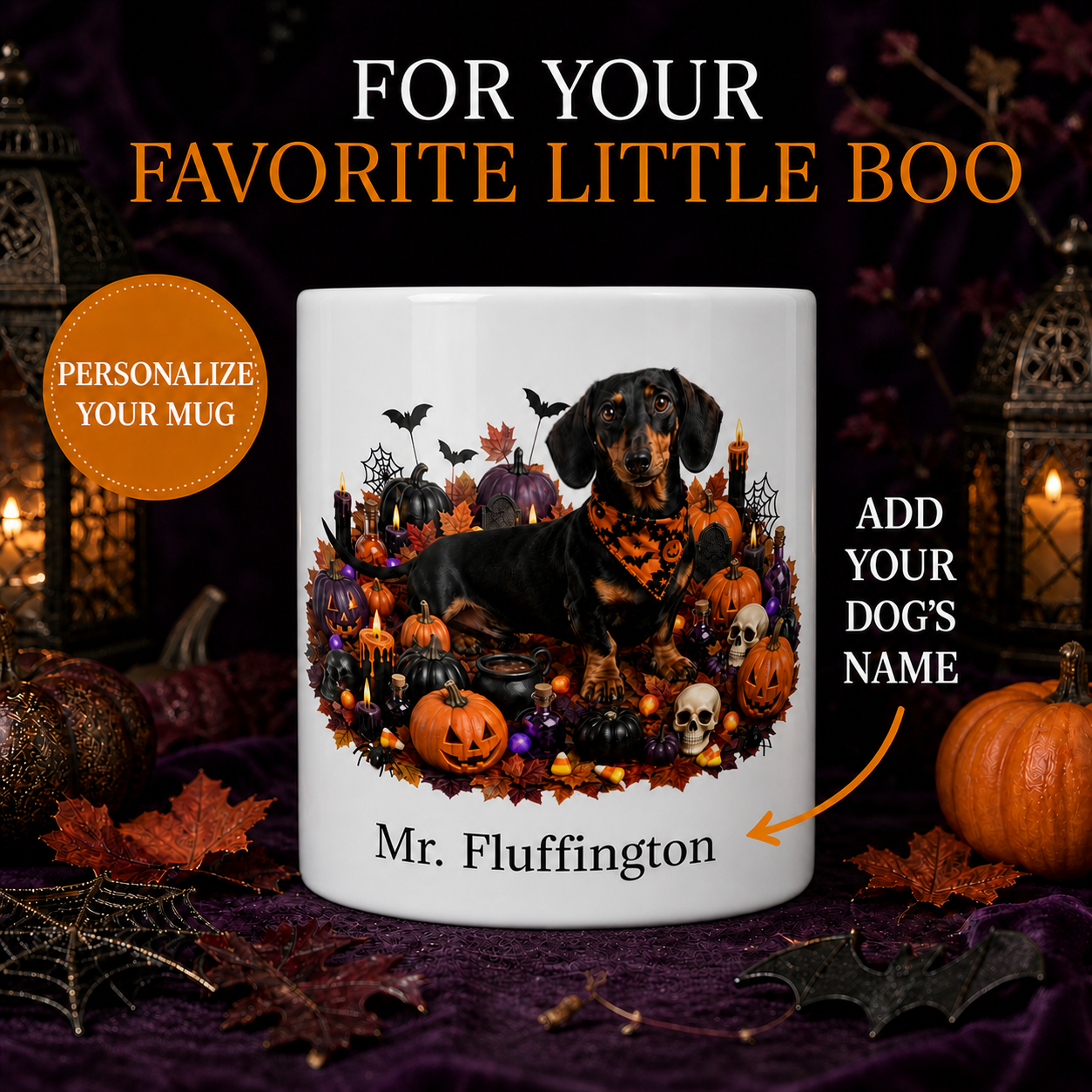 Personalized Dachshund Halloween Mug – Custom Dog Name Gift – front view with no handle