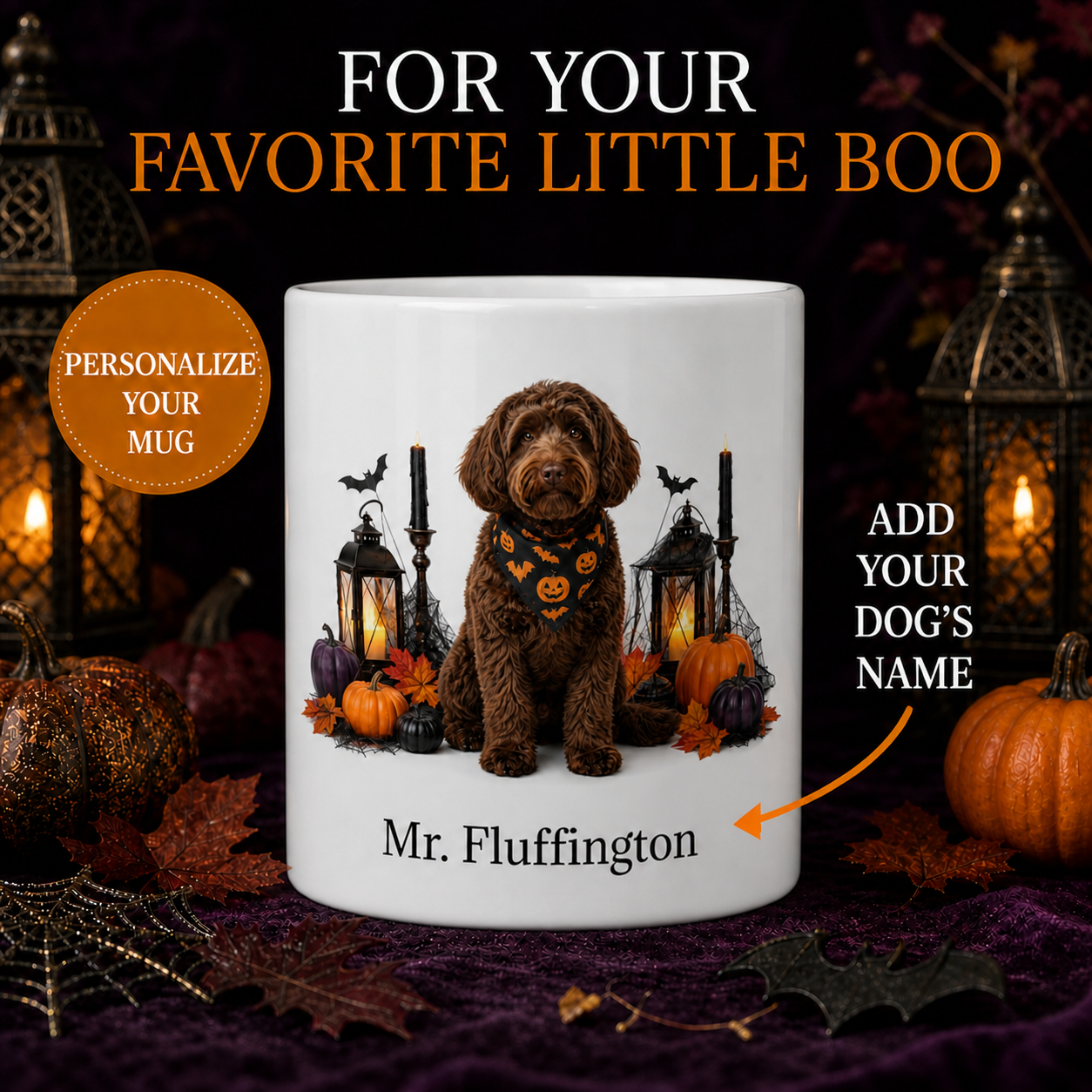 Personalized Mini Labradoodle Dog Mug – Custom Pet Name Halloween Gift – front view with no handle