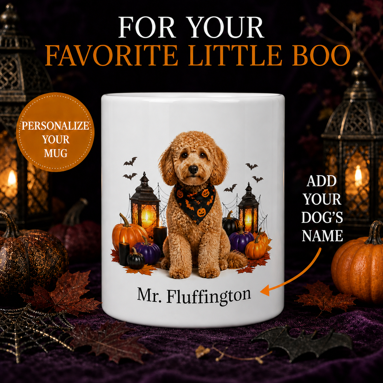 Personalized Mini Goldendoodle Dog Mug – Custom Pet Name Halloween Gift – front view with no handle