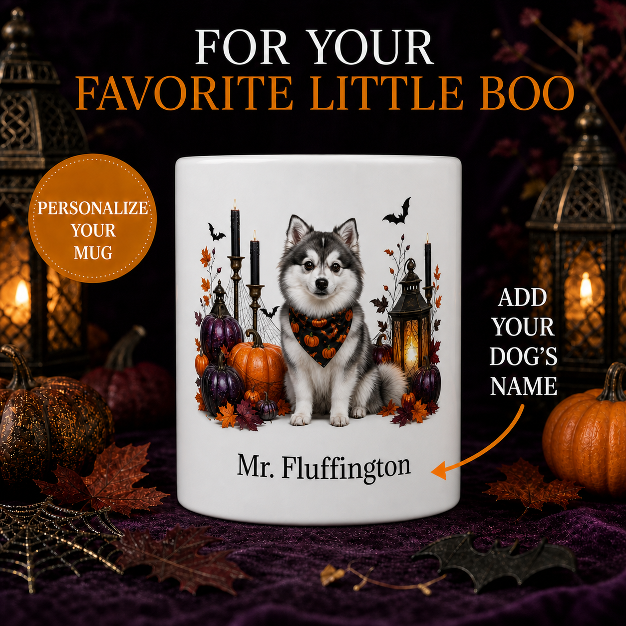 Personalized Pomsky Dog Mug – Custom Pet Name Halloween Gift – front view with no handle