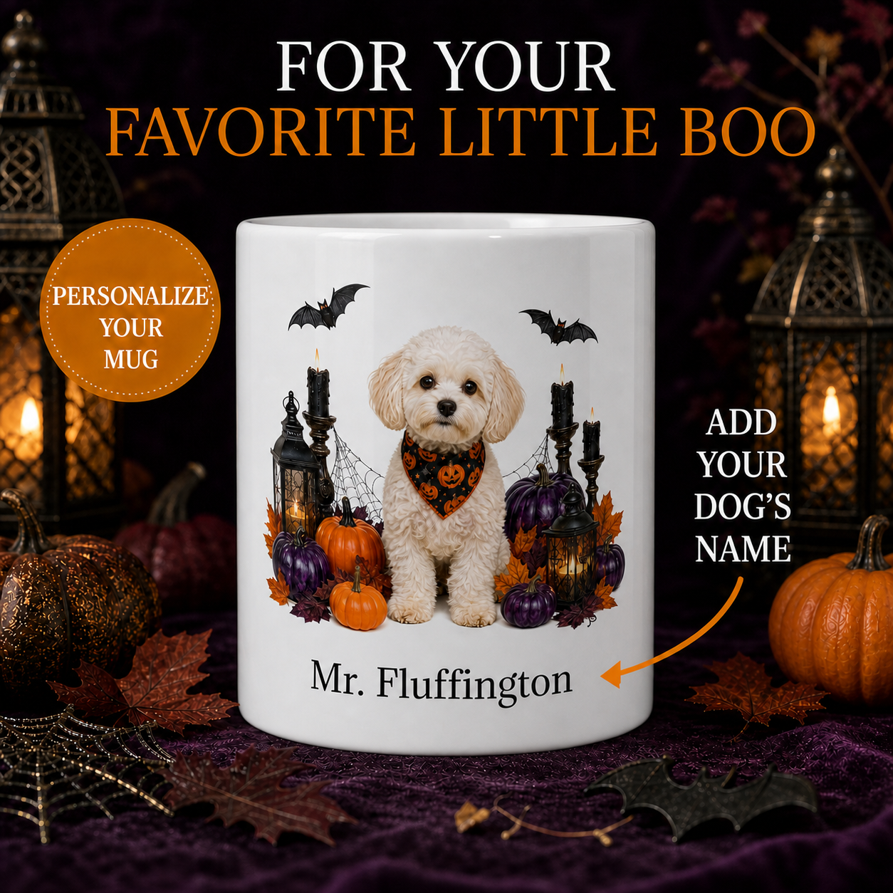 Personalized Maltipoo Dog Mug – Custom Pet Name Halloween Gift – front view with no handle