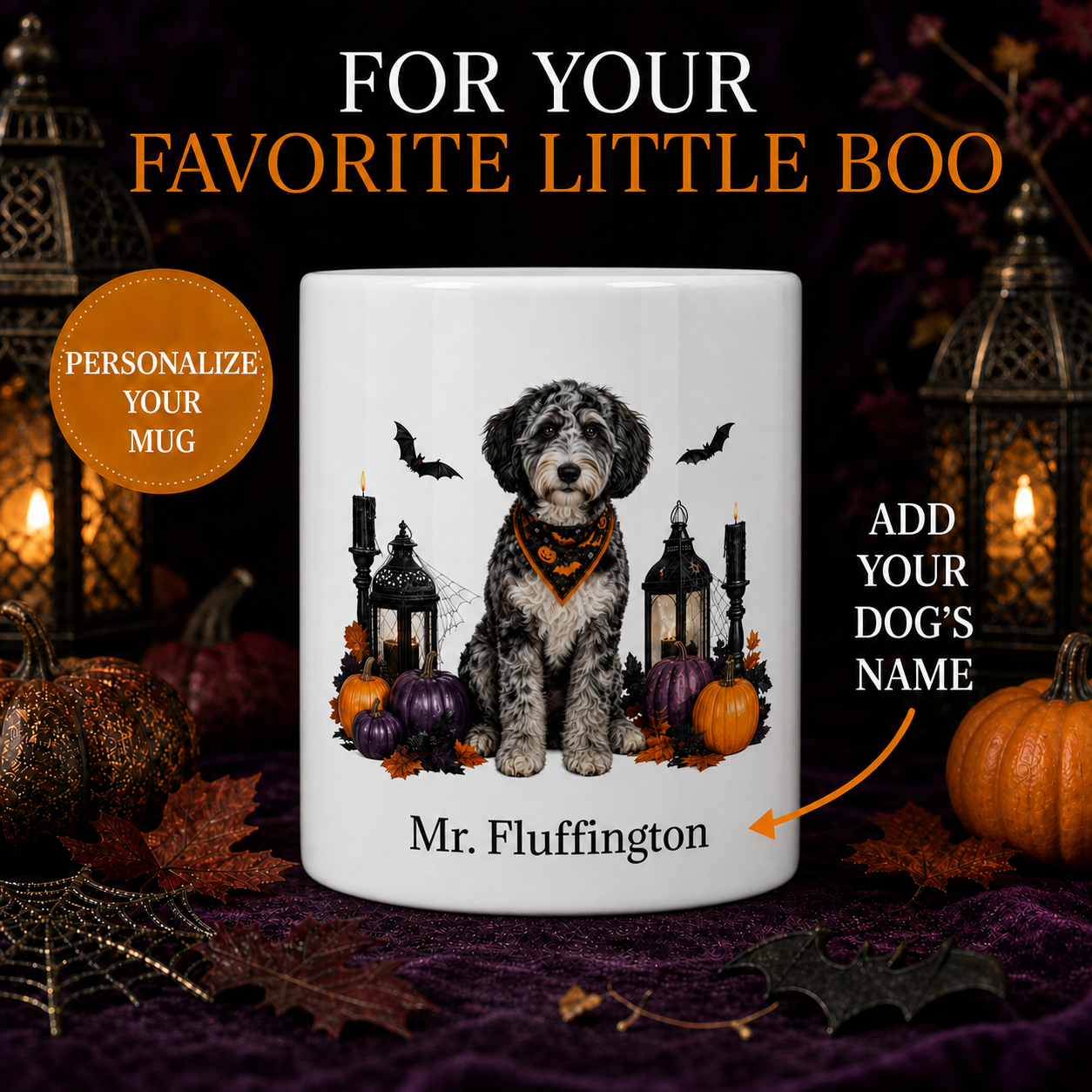 Personalized Aussiedoodle Dog Mug – Custom Pet Name Halloween Gift – front view with no handle