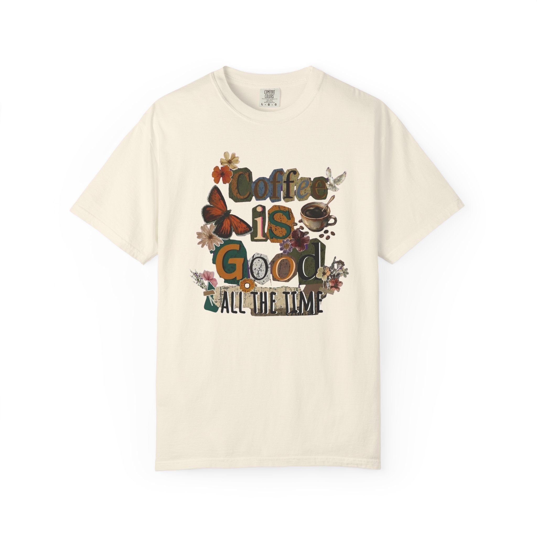 A cream-colored cotton t-shirt featuring a vintage-style floral coffee graphic on the front.