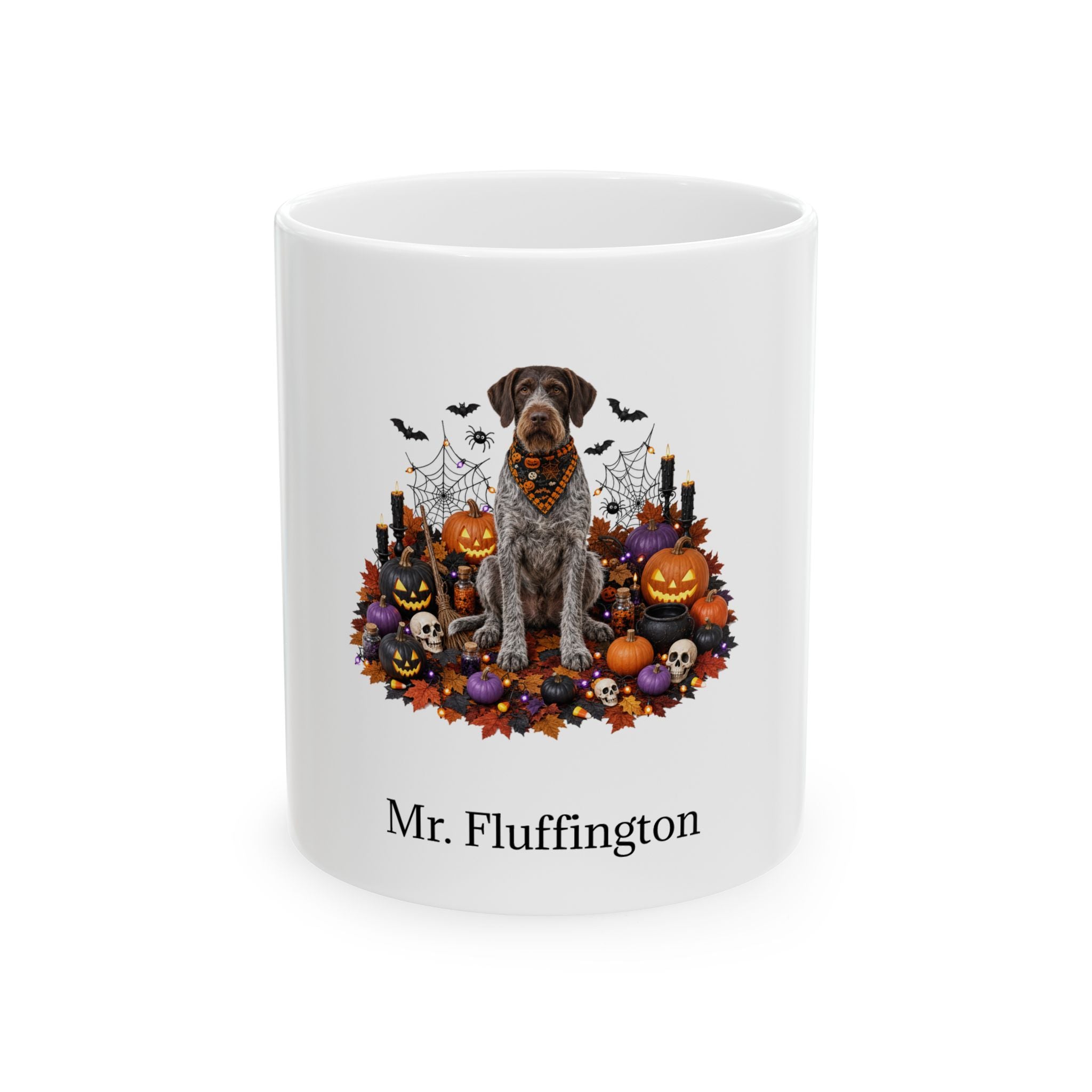 Personalized German Wirehaired Pointer dog Halloween mug, 15oz white ceramic, with custom pet name on front