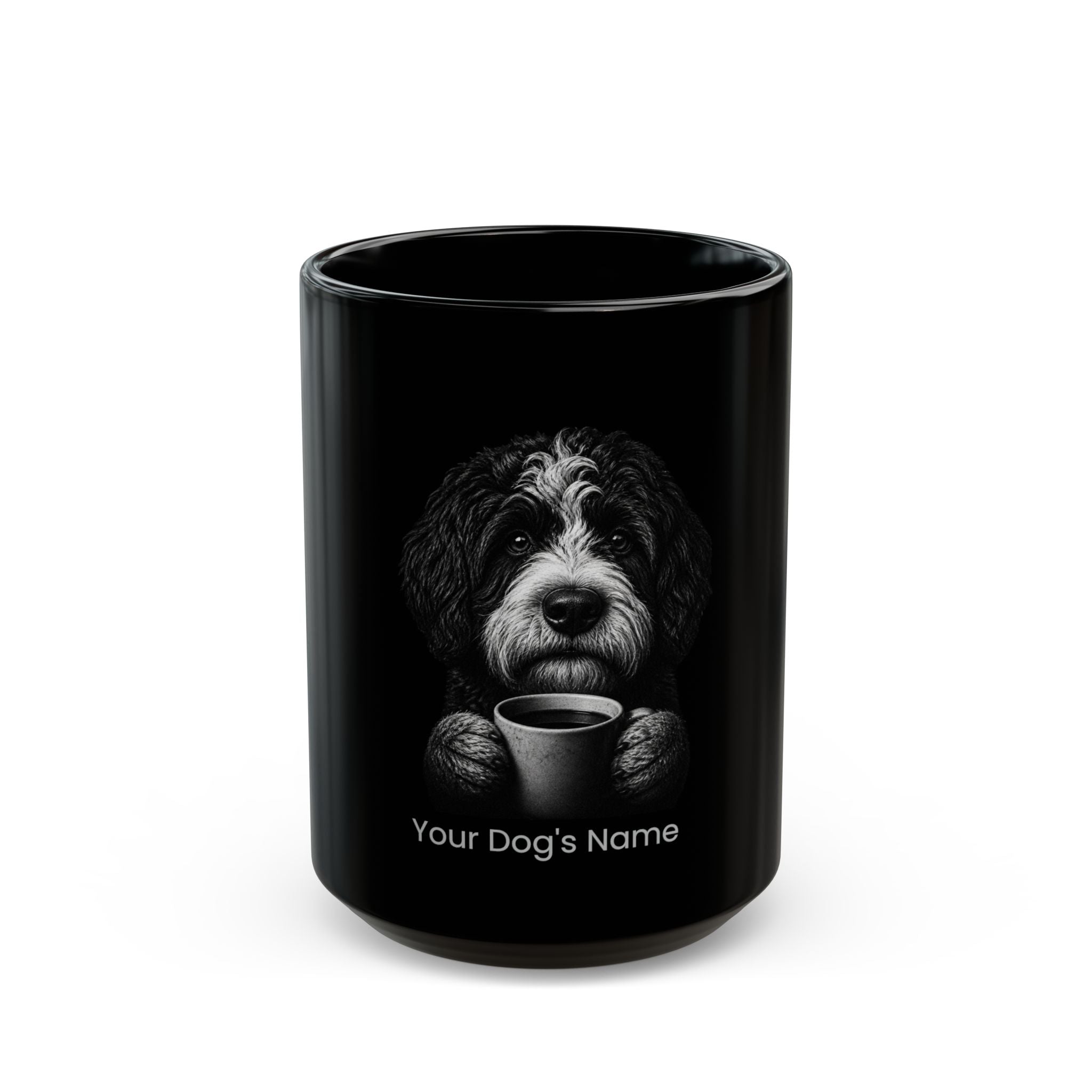 Personalized Bernedoodle black ceramic coffee mug with custom dog name