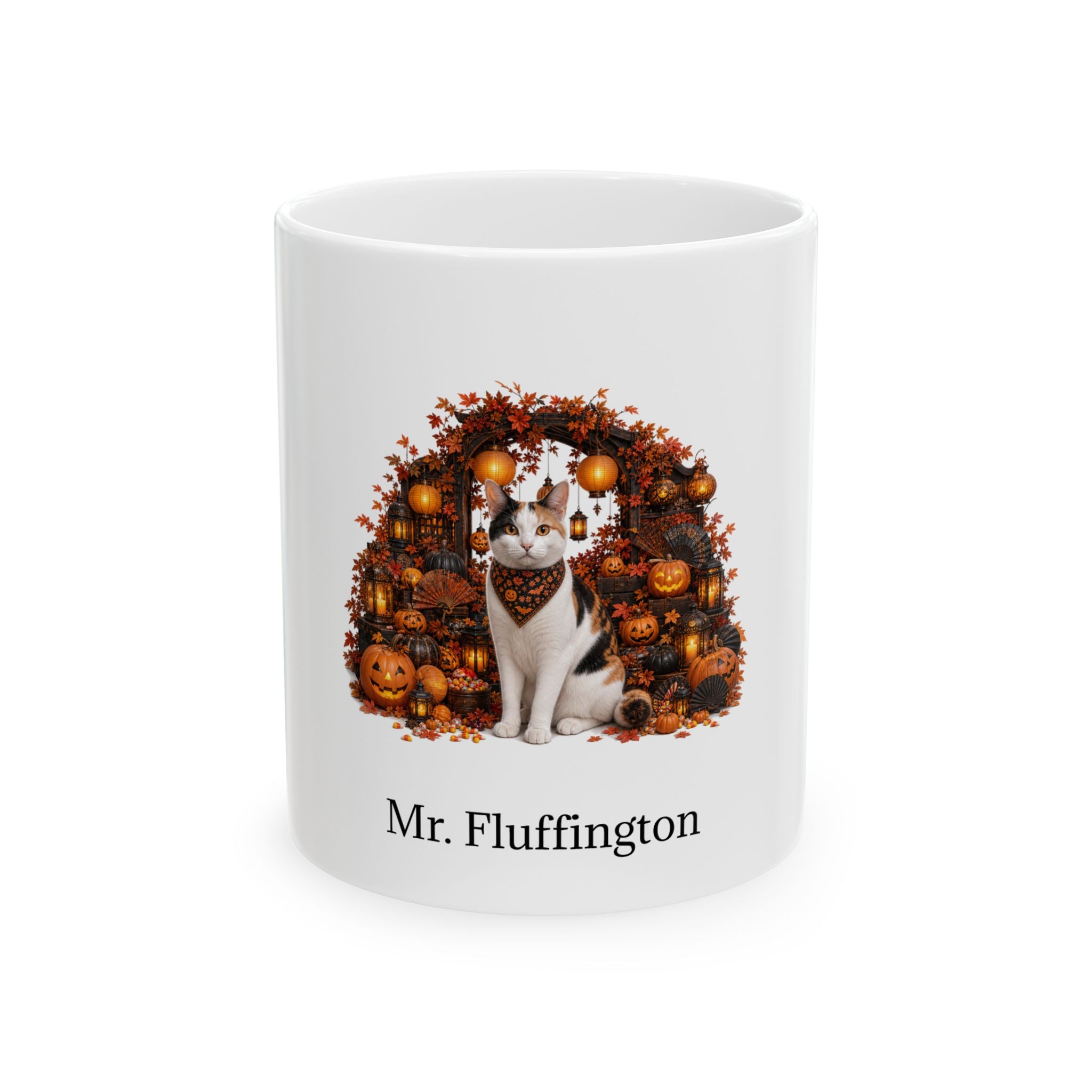 Personalized Japanese Bobtail cat Halloween mug, 11oz white ceramic, with custom pet name on front