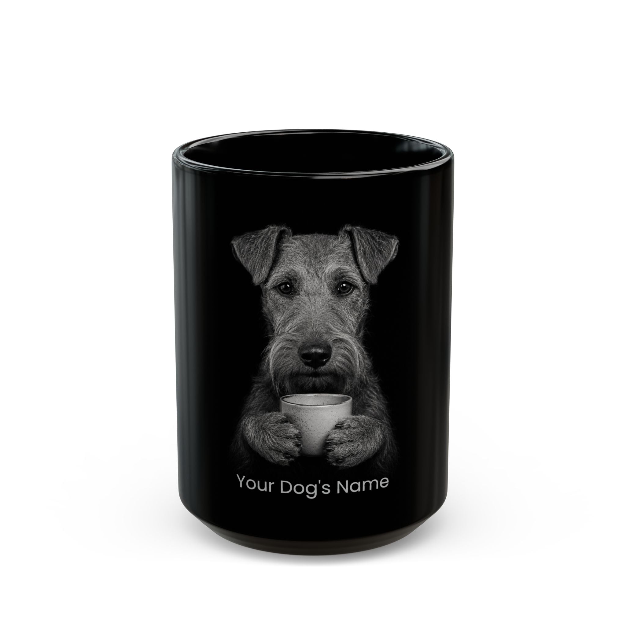 Personalized Irish Terrier black ceramic coffee mug with custom dog name