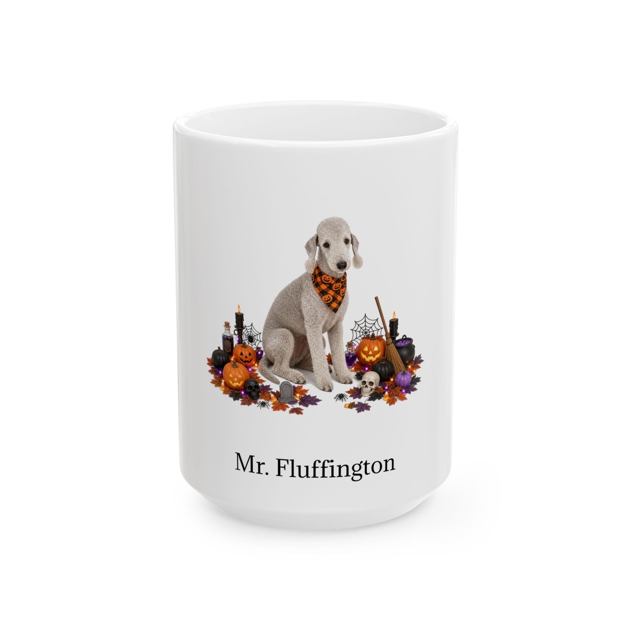 Personalized Bedlington Terrier dog Halloween mug, 11oz white ceramic, with custom pet name on front