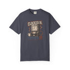 Dark grey Comfort Colors 1717 t-shirt with a vintage clock and coffee graphic on the front.