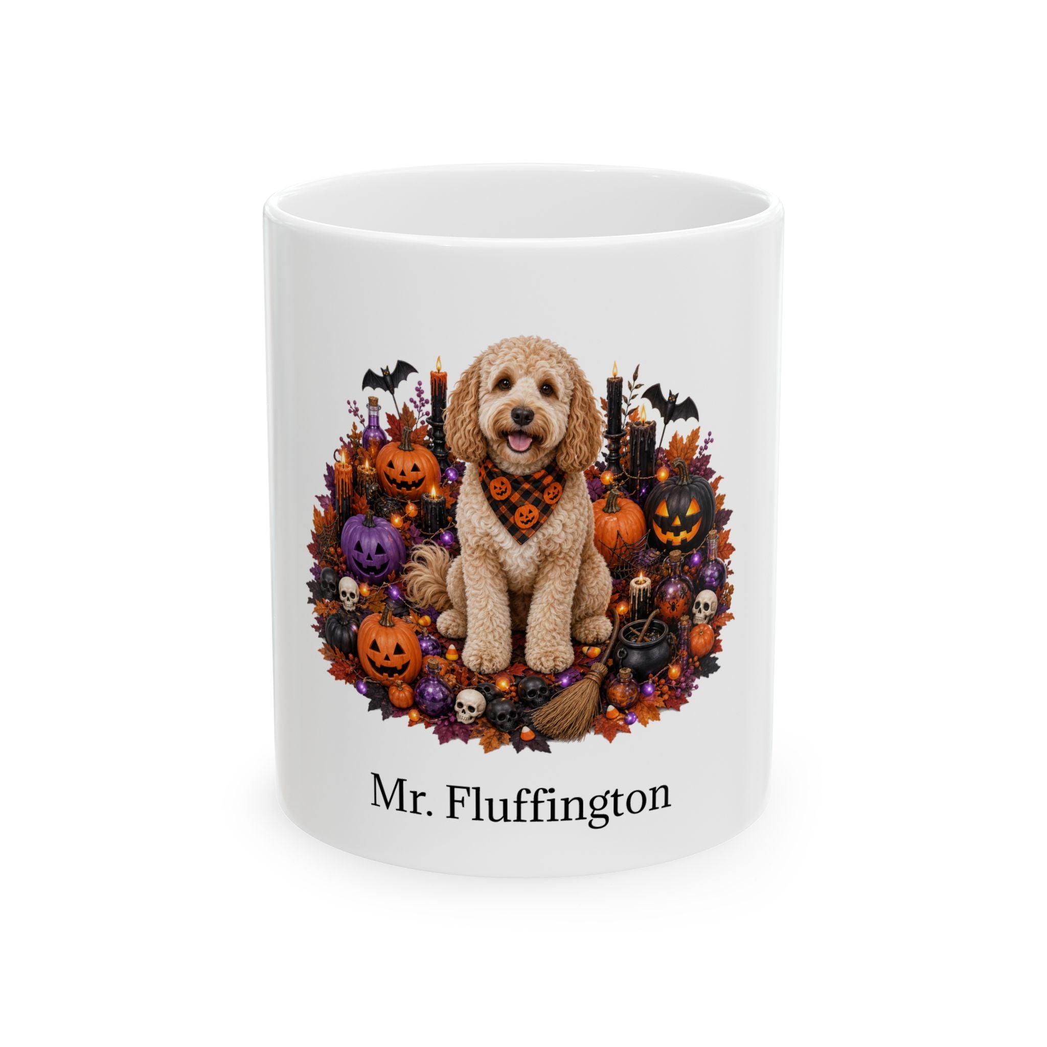 Personalized Cockapoo Halloween mug with custom dog name, front product view