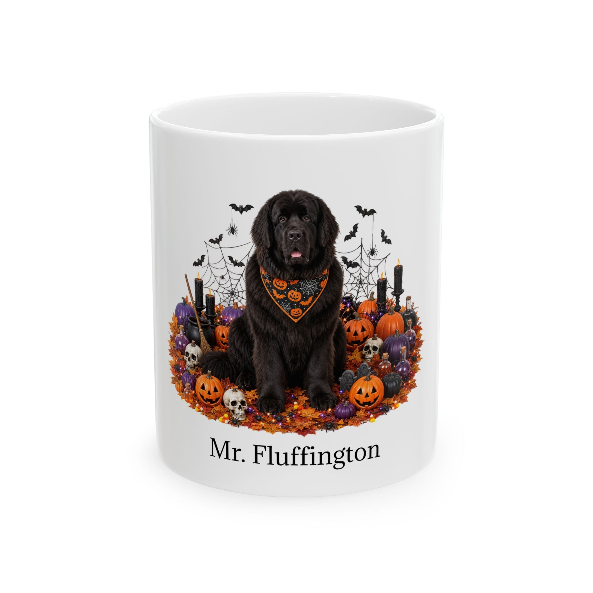 Personalized Newfoundland Halloween mug with custom dog name, front product view