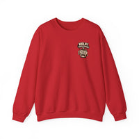 A maroon crewneck sweatshirt featuring a small graphic of a stressed coffee cup on the chest.