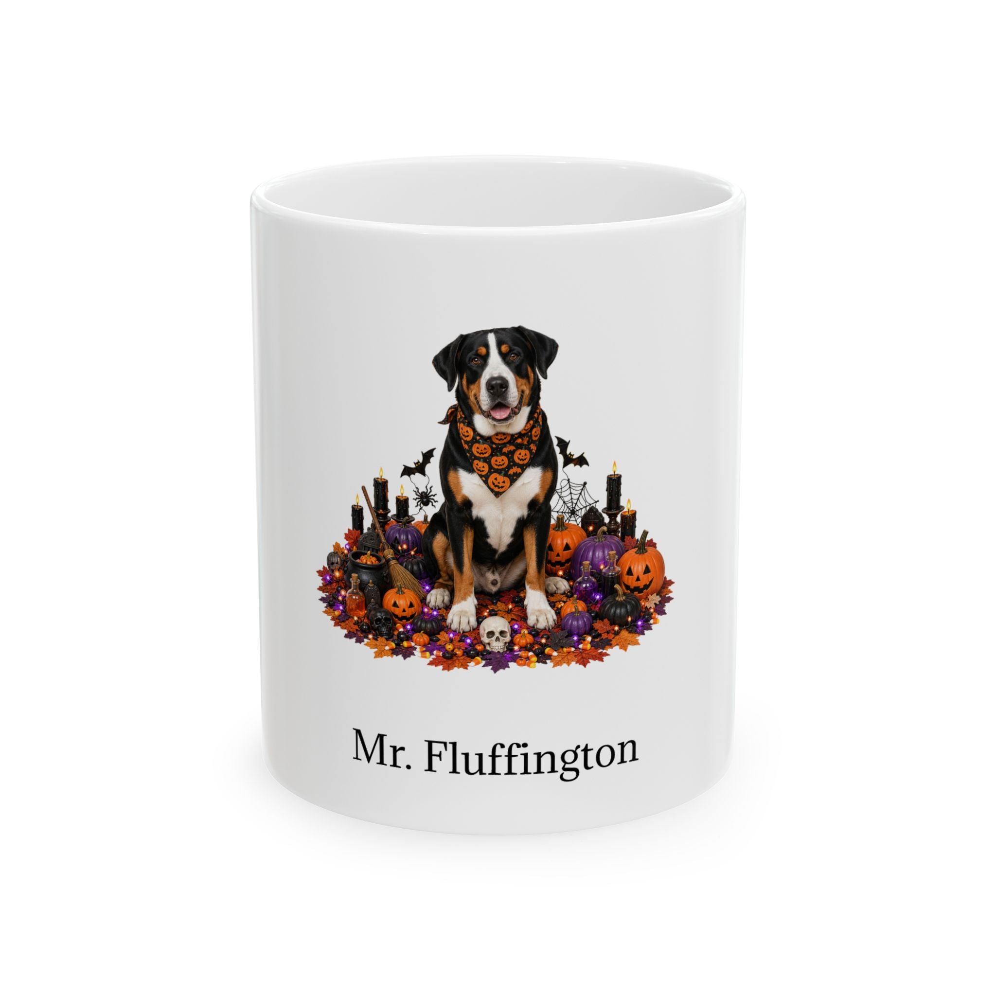 Personalized Greater Swiss Mountain dog Halloween mug, 15oz white ceramic, with custom pet name on front