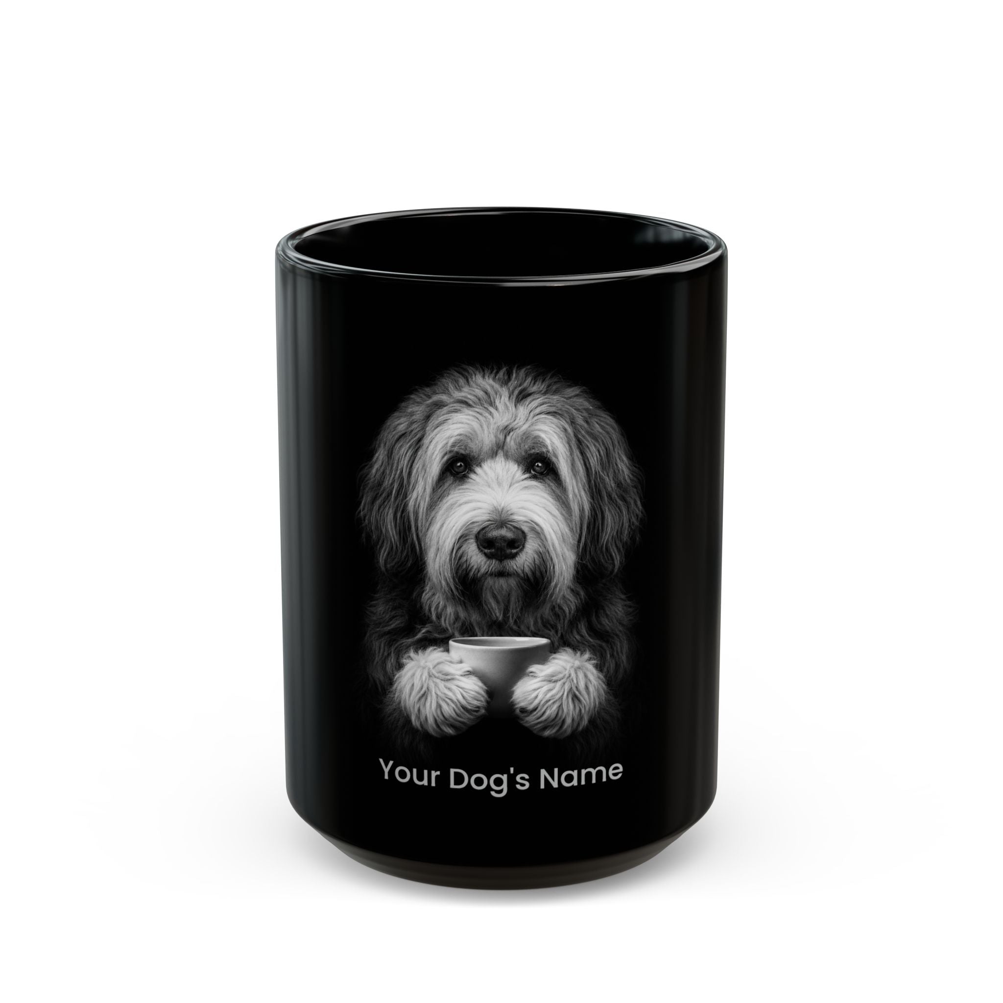 Personalized South Russian Ovcharka black ceramic coffee mug with custom dog name