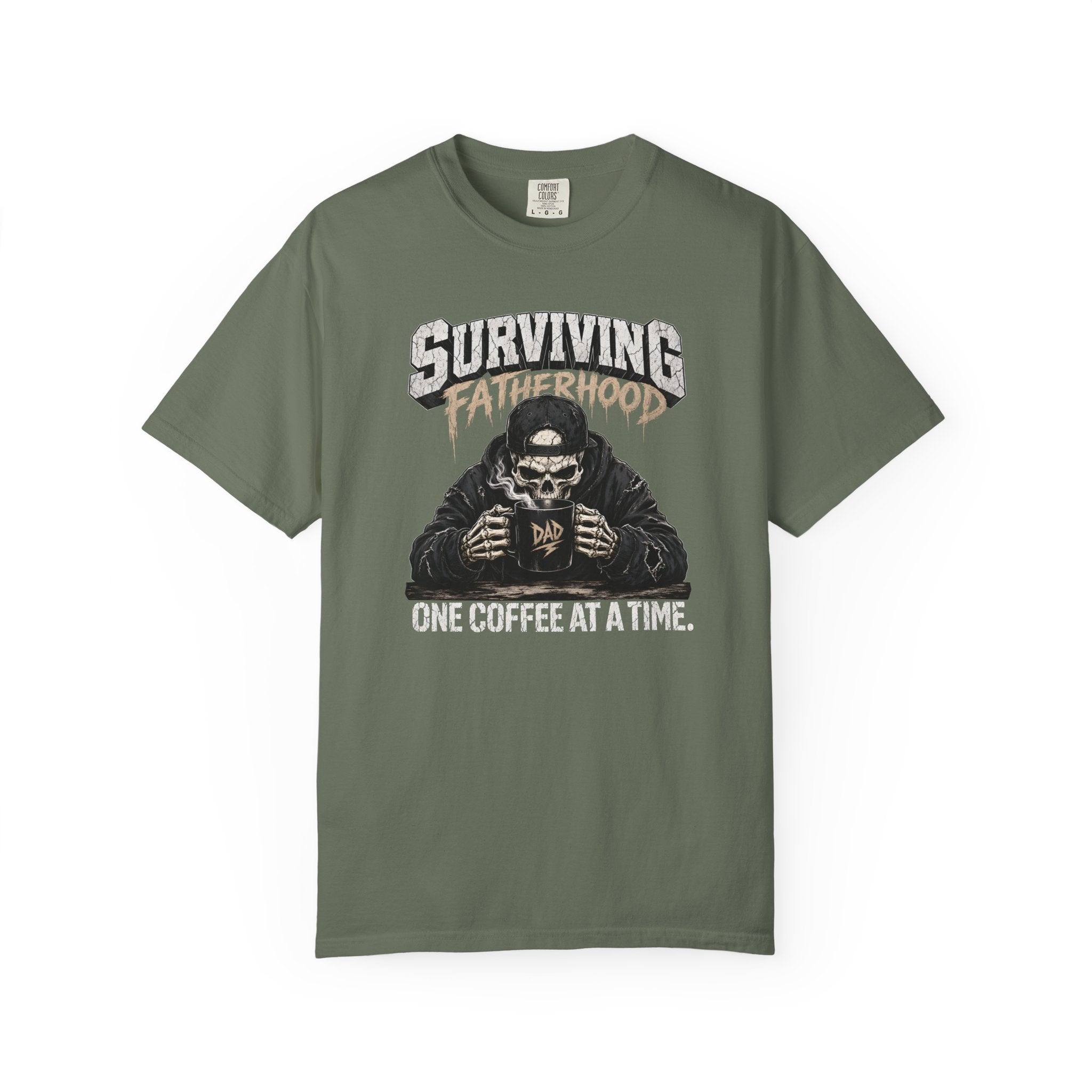 Olive green unisex t-shirt with a skeleton graphic drinking coffee and text Surviving Fatherhood.