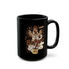 Black ceramic mug featuring a rooster graphic with the text Rise and Shine and Wake Me Up.