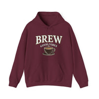 A maroon hoodie with "BREW GOOD VIBES" text and a coffee cup graphic.