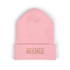 Pink cuffed beanie with "COFFEE" embroidered in periodic table style.