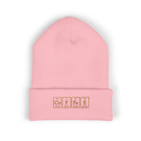 Pink cuffed beanie with "COFFEE" embroidered in periodic table style.