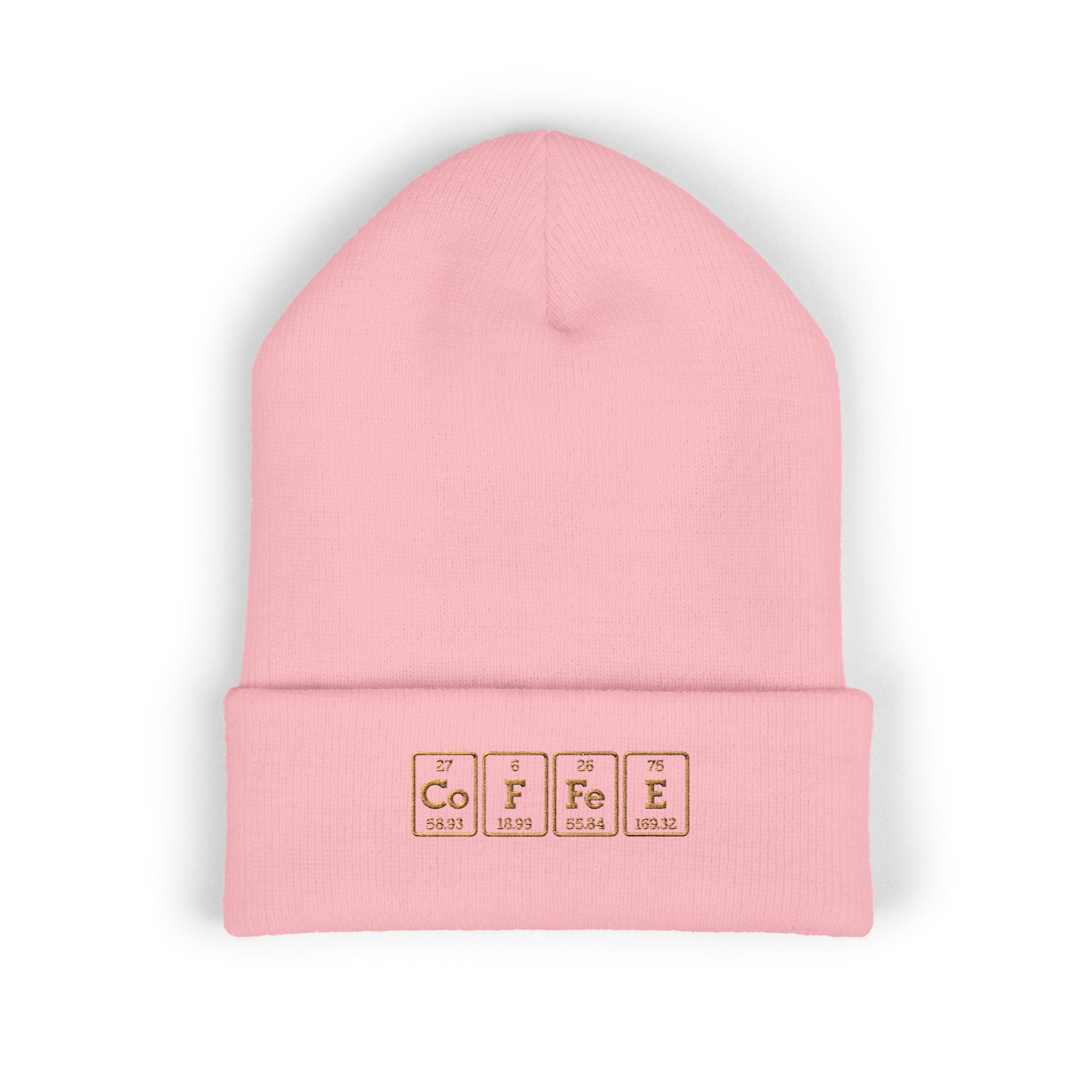 Pink cuffed beanie with "COFFEE" embroidered in periodic table style.