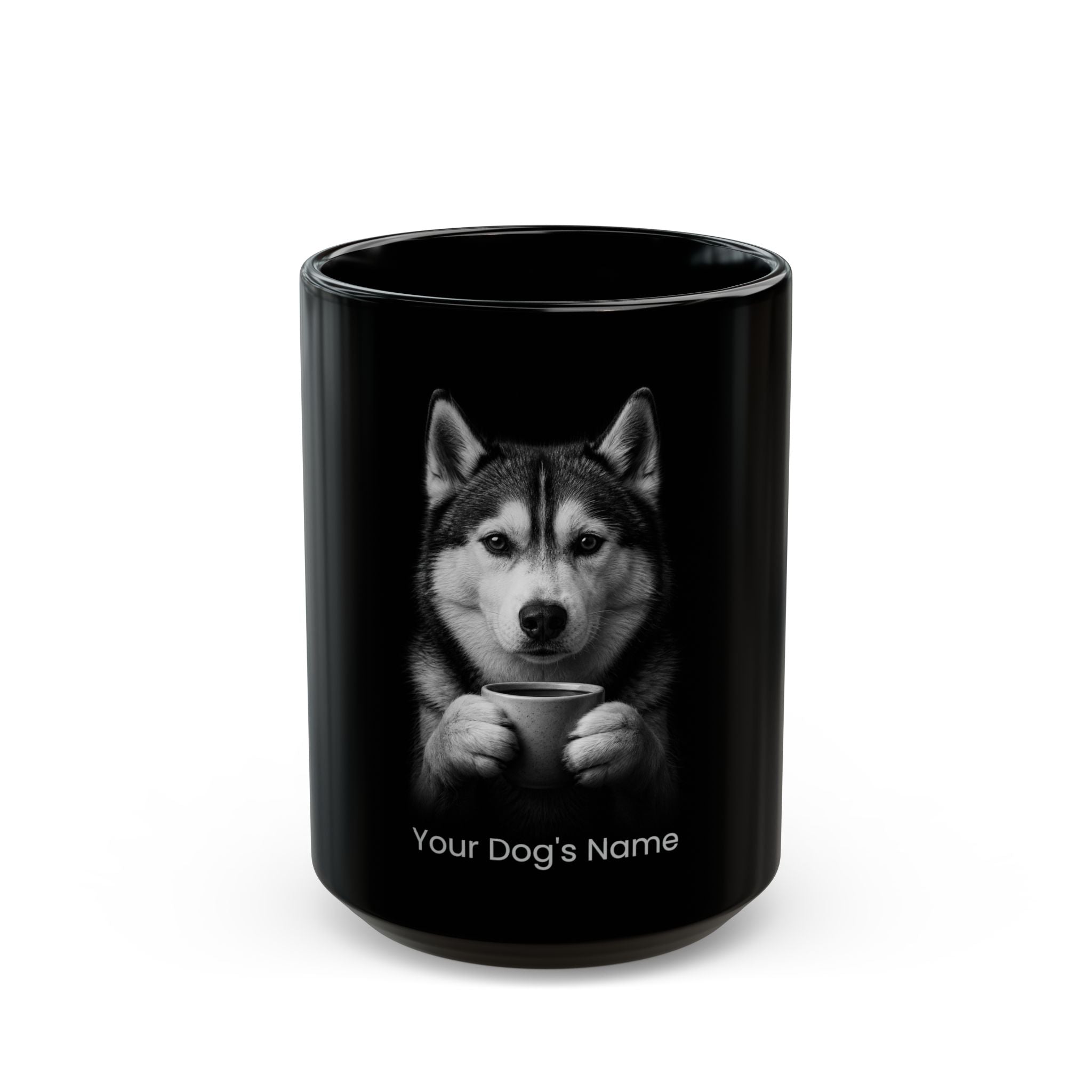 Personalized Siberian Husky black ceramic coffee mug with custom dog name